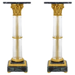 Pair of Neoclassical Style French Crystal and Dore Bronze Pedestals with Marble