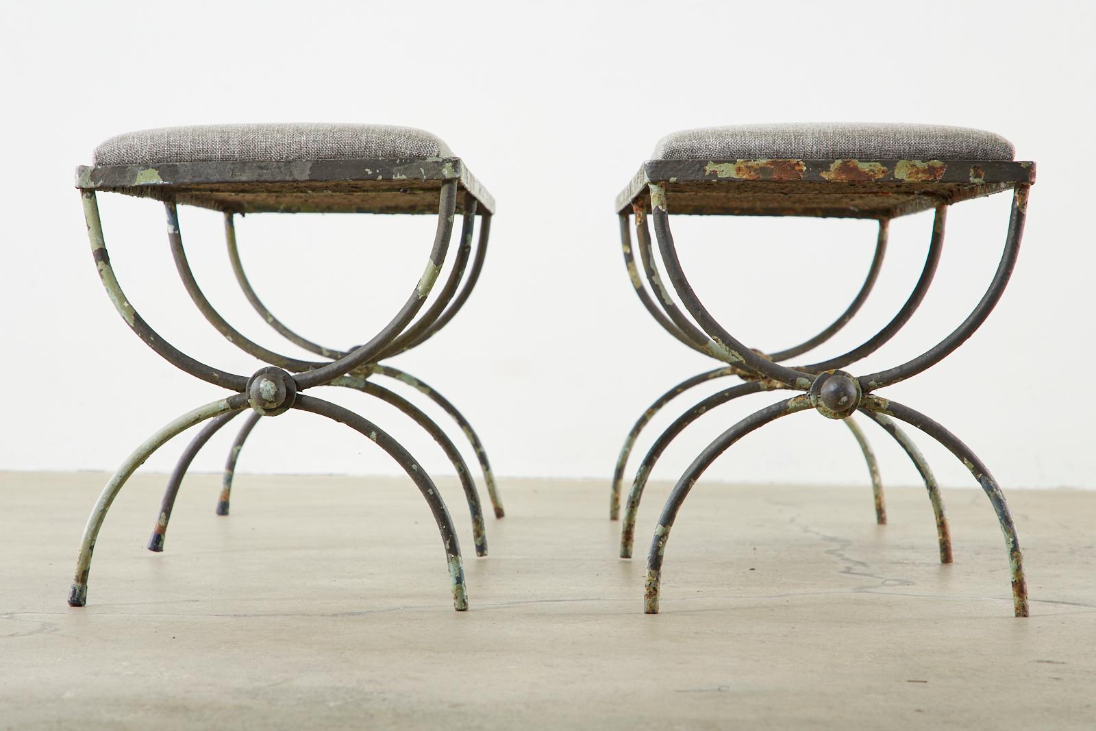 Pair of Neoclassical Style French Iron Curule Leg Benches In Good Condition In Rio Vista, CA