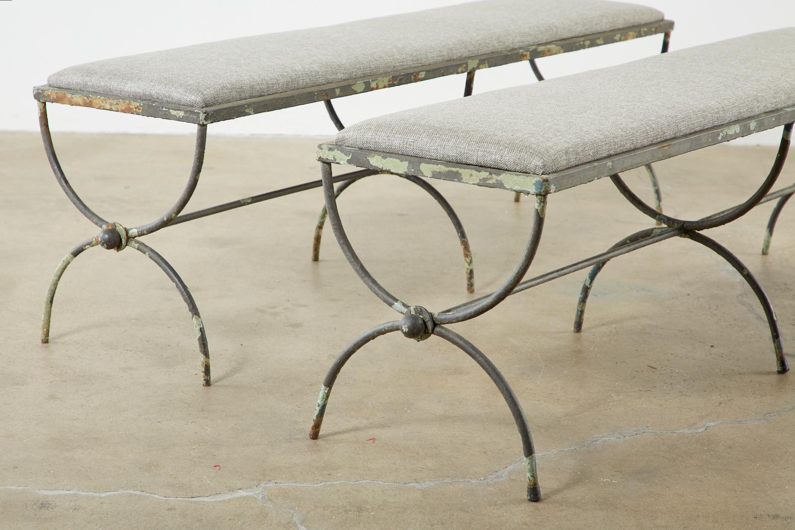 20th Century Pair of Neoclassical Style French Iron Curule Leg Benches