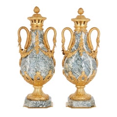 Pair of Neoclassical Style Gilt Bronze and Marble Vases