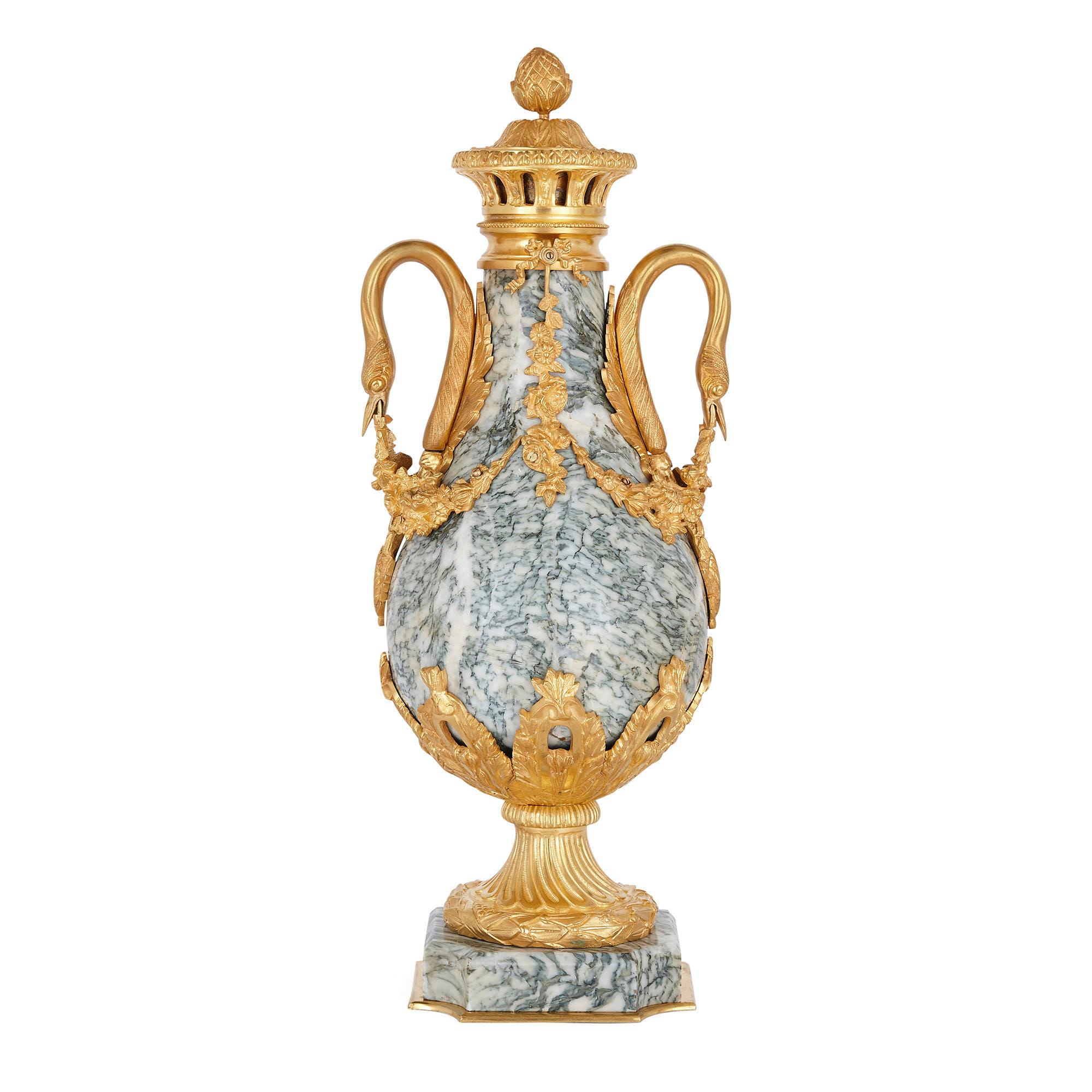 Empire Pair of Neoclassical Style Gilt Bronze and Marble Vases For Sale