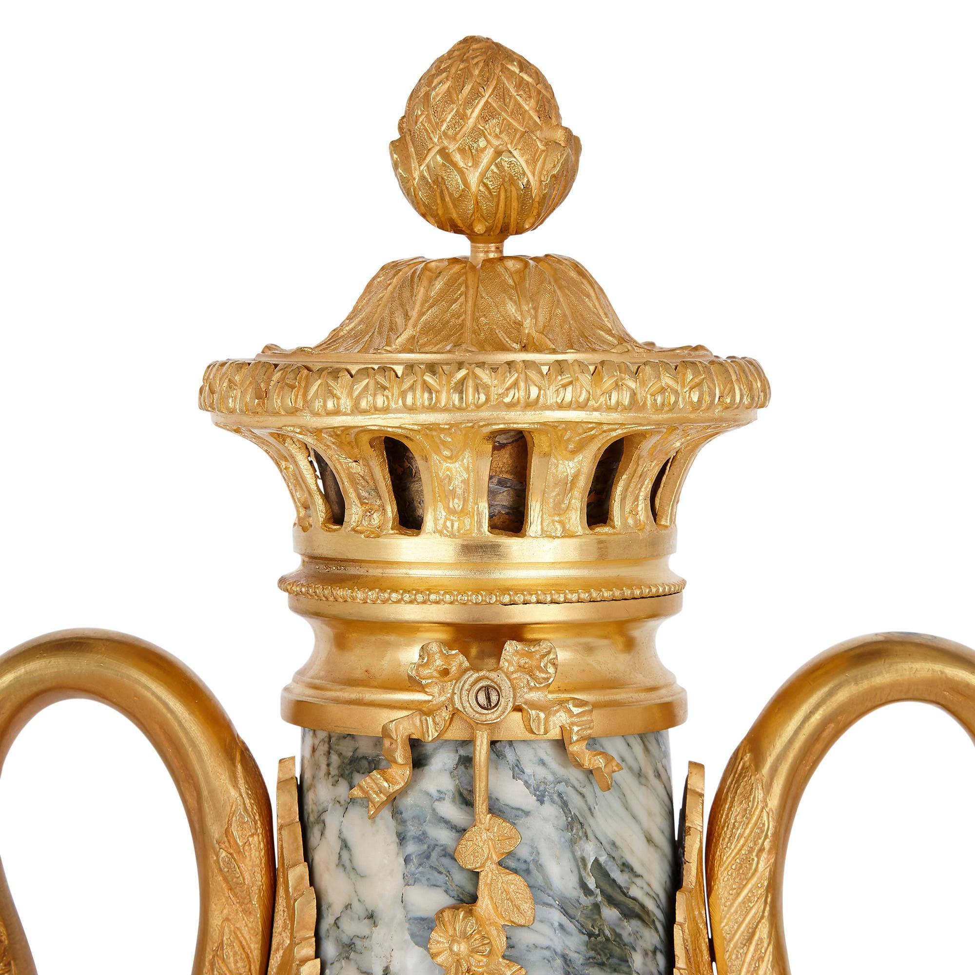 Ormolu Pair of Neoclassical Style Gilt Bronze and Marble Vases For Sale