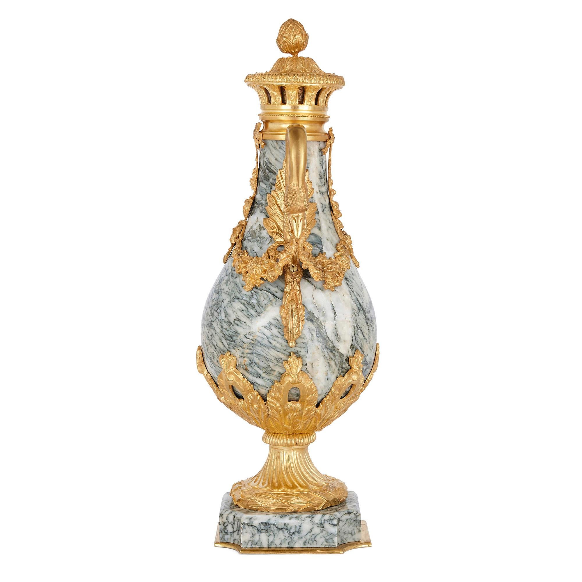 Pair of Neoclassical Style Gilt Bronze and Marble Vases For Sale 1