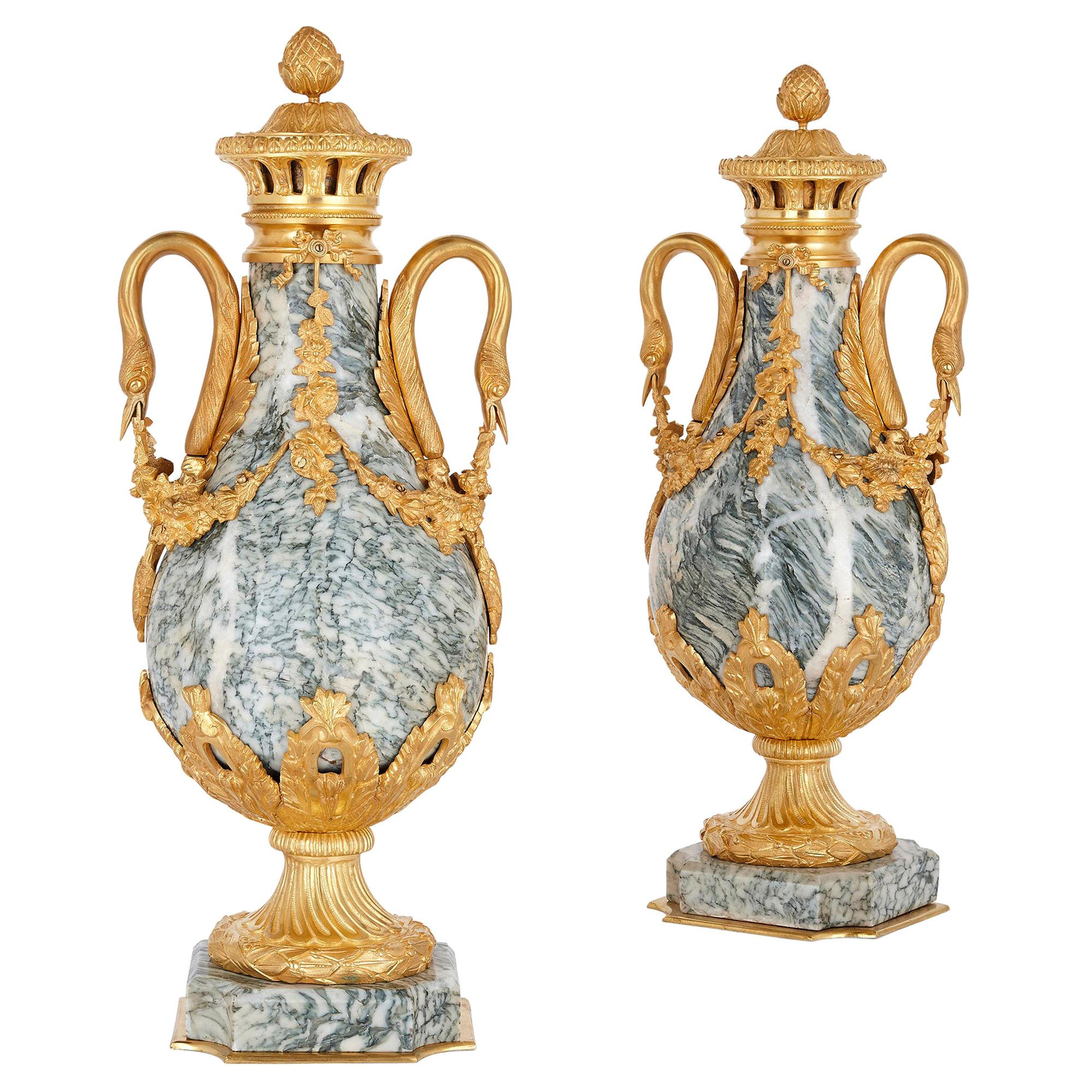 Pair of Neoclassical Style Gilt Bronze and Marble Vases For Sale