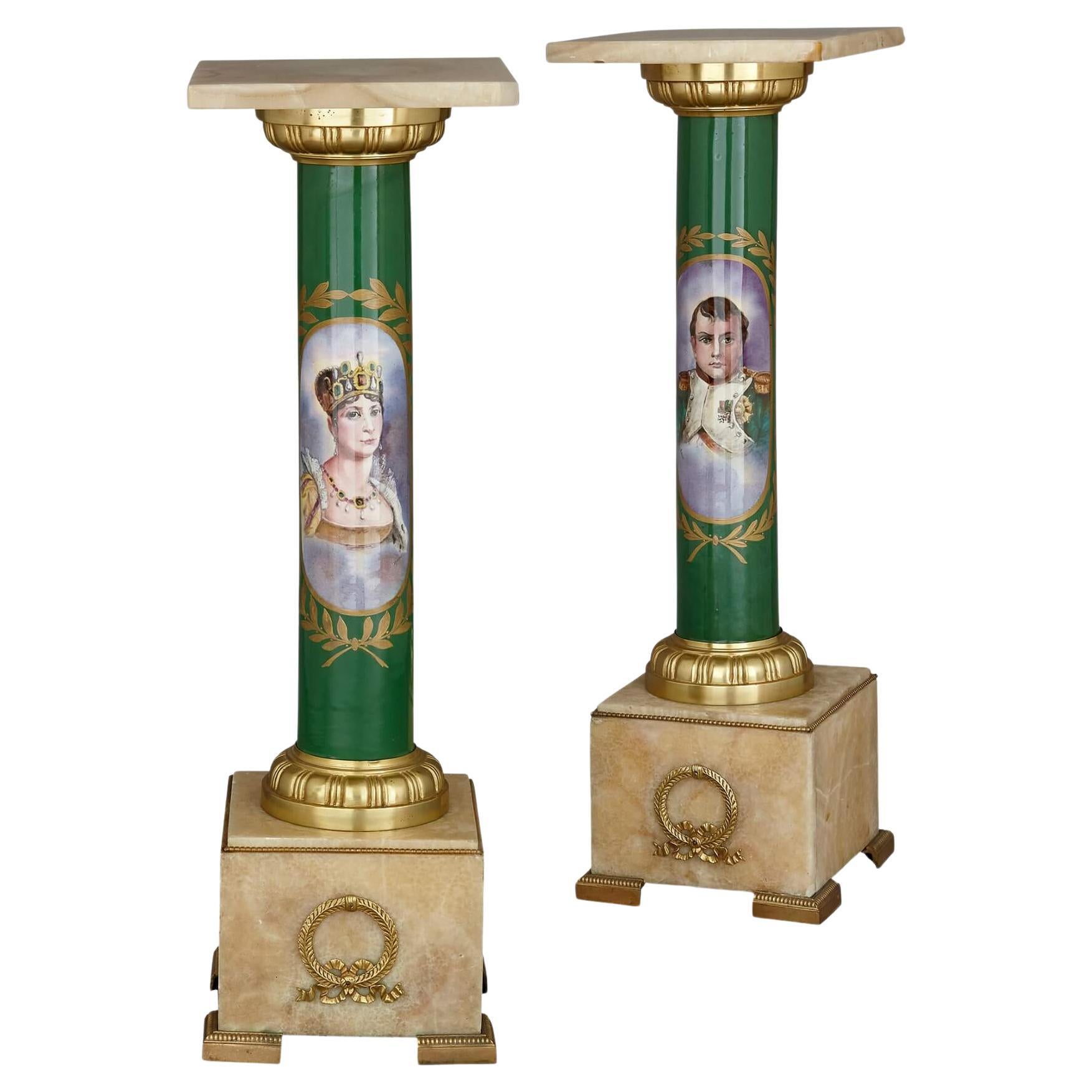 Pair of Neoclassical Style Gilt Bronze and Porcelain Pedestals