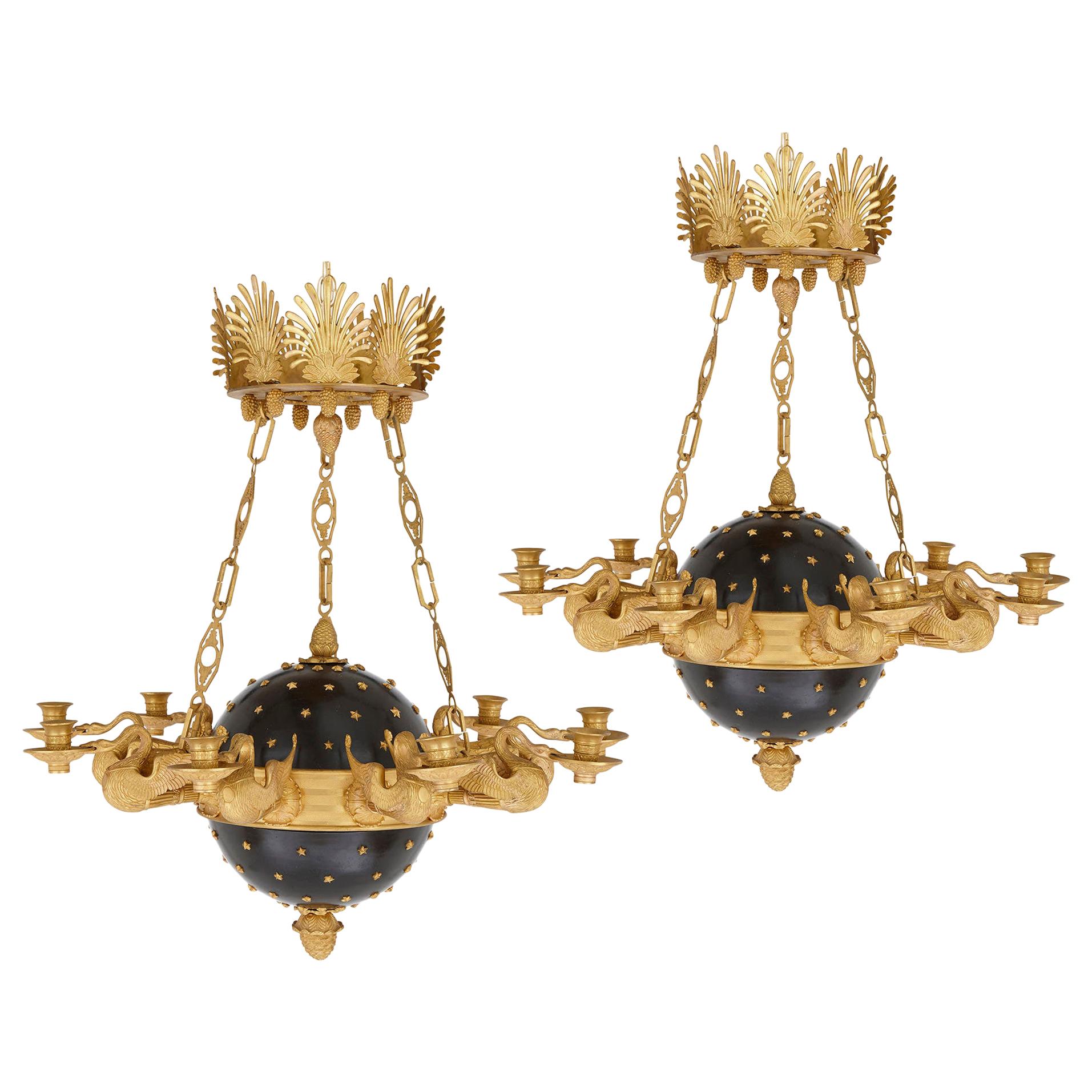 Pair of Neoclassical Style Gilt Bronze Chandeliers