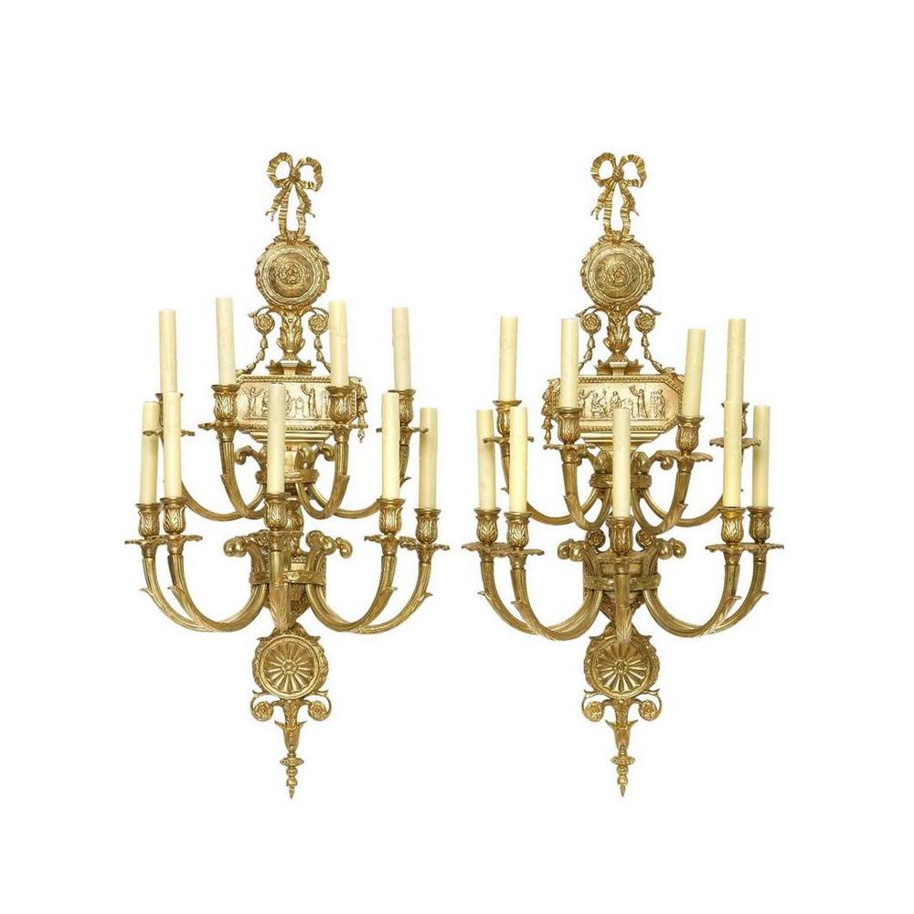 French Pair of Neoclassical Style Gilt Bronze Eight Light Wall Lights, 20th Century