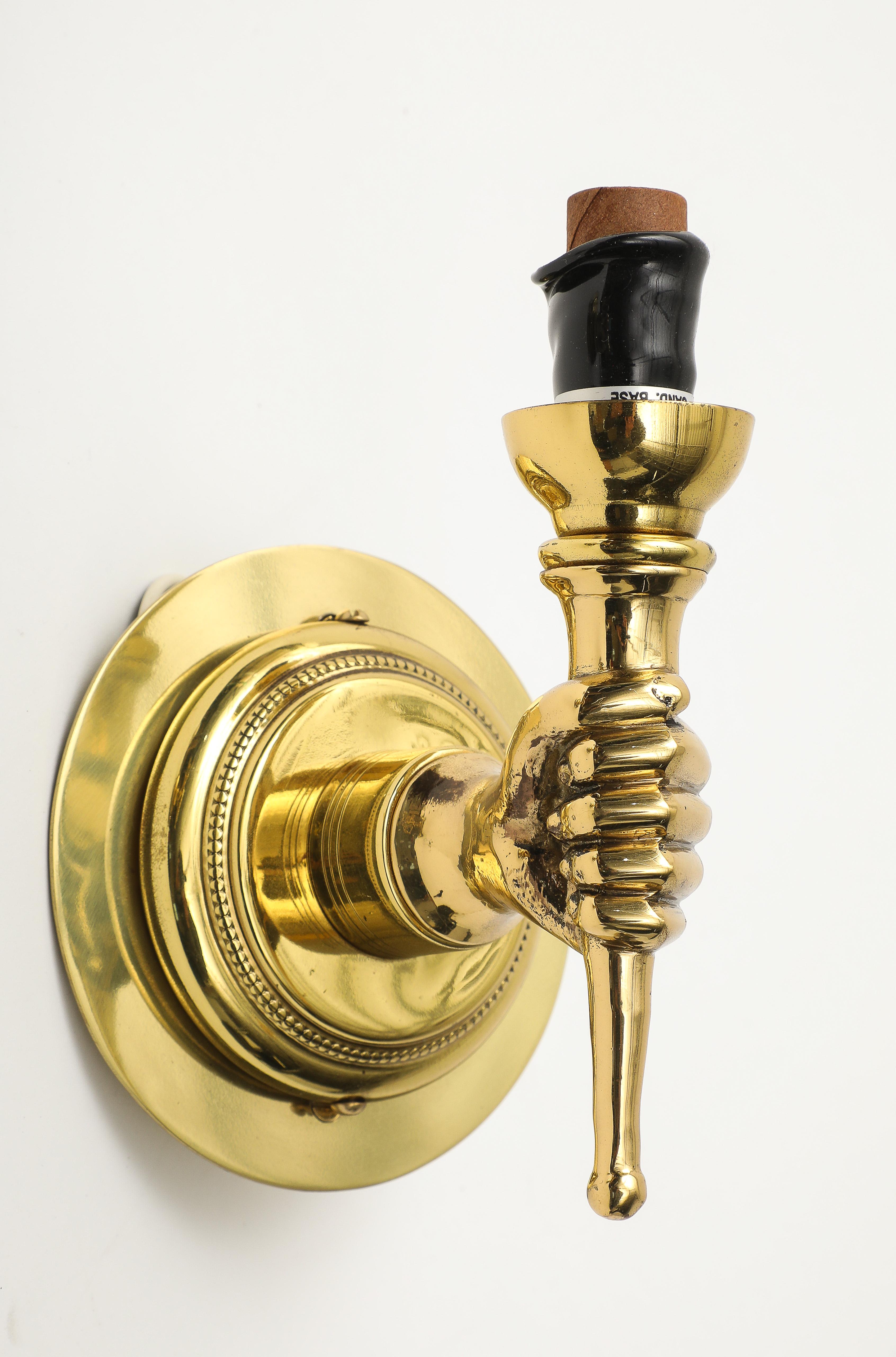 Mid-20th Century Pair of Neoclassical Style Gilt Bronze Hand Sconces by Andre Arbus, French 1950s