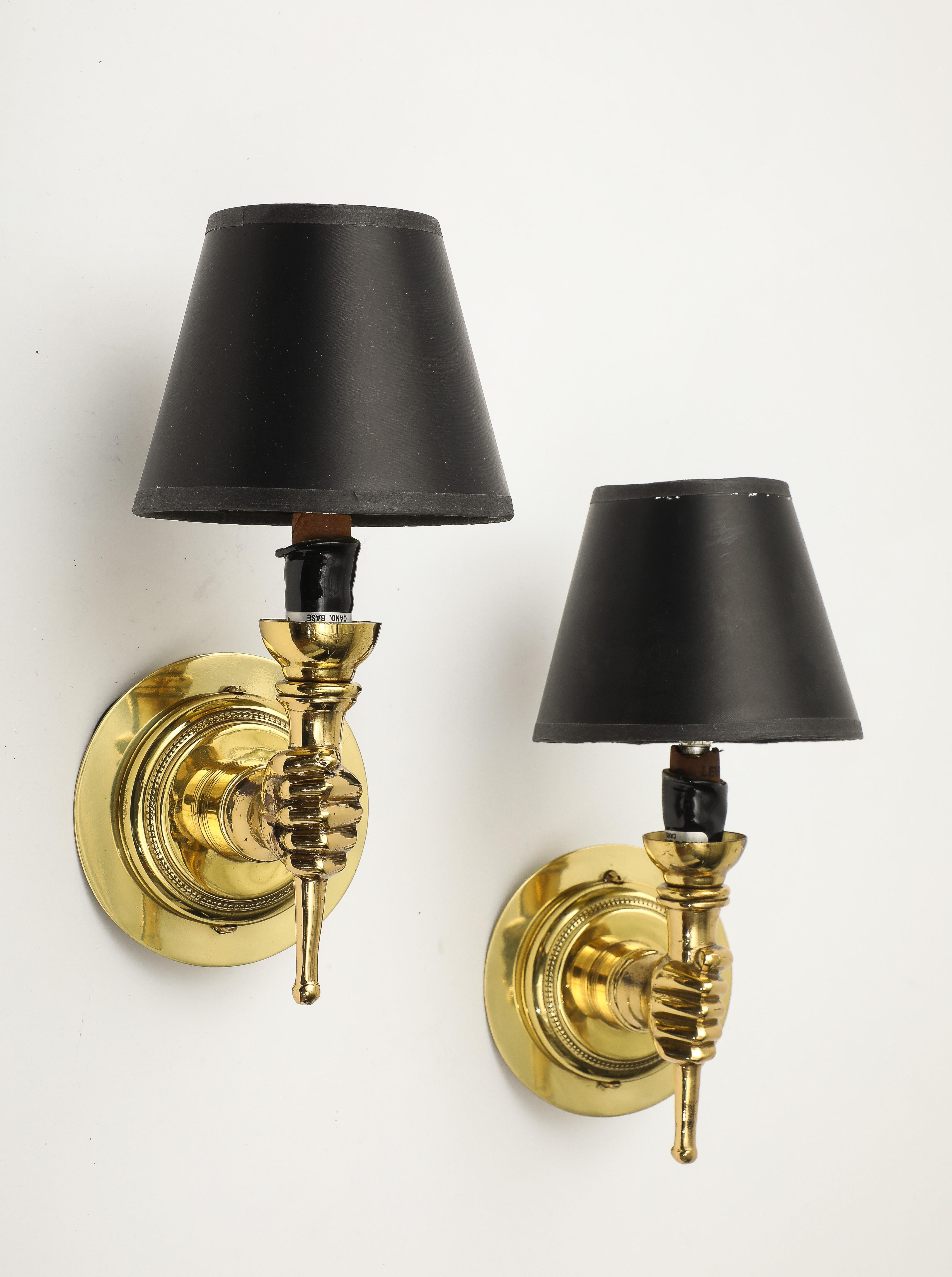 Pair of Neoclassical Style Gilt Bronze Hand Sconces by Andre Arbus, French 1950s 4