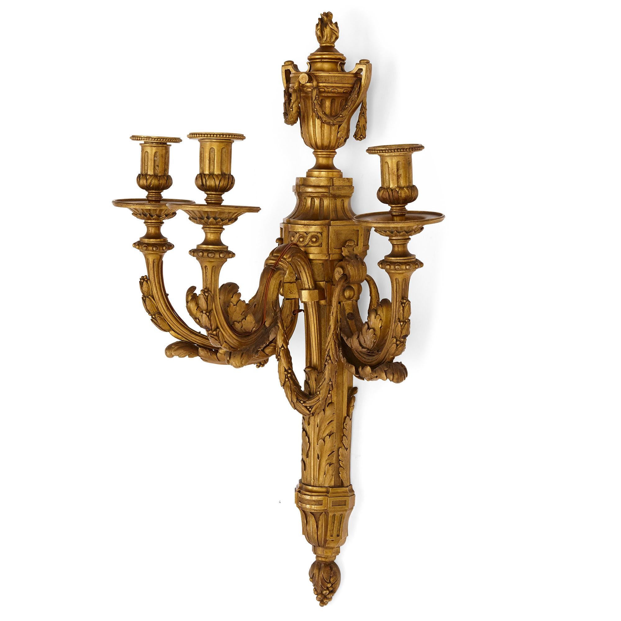 Louis XVI Pair of Neoclassical Style Gilt Bronze Sconces For Sale