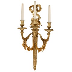 Pair of Neoclassical Style Gilt Bronze Three-Light Sconces