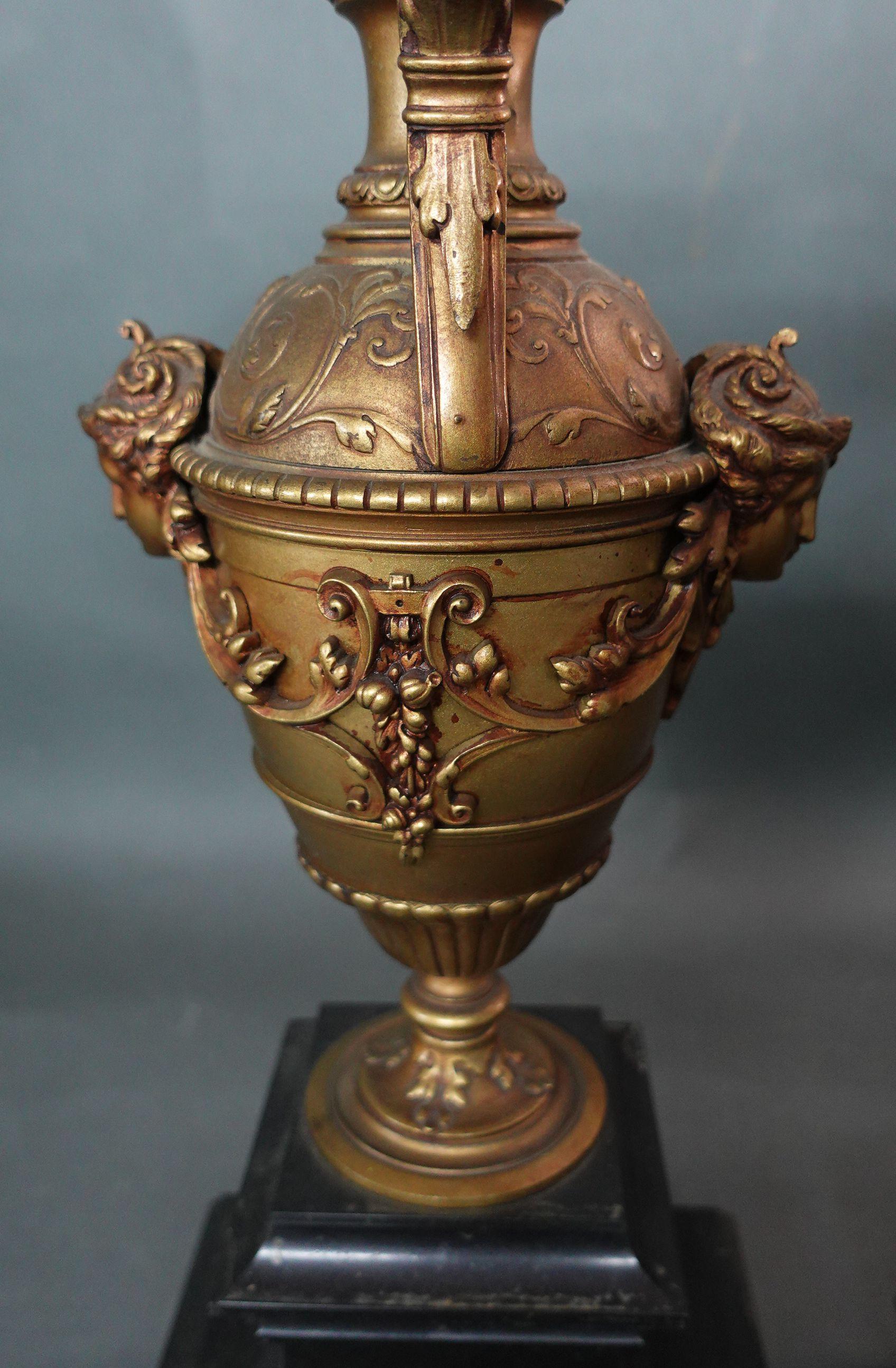Pair of Neoclassical-Style Gilt-Bronze Urns Lamps on Black Marble Bases For Sale 3