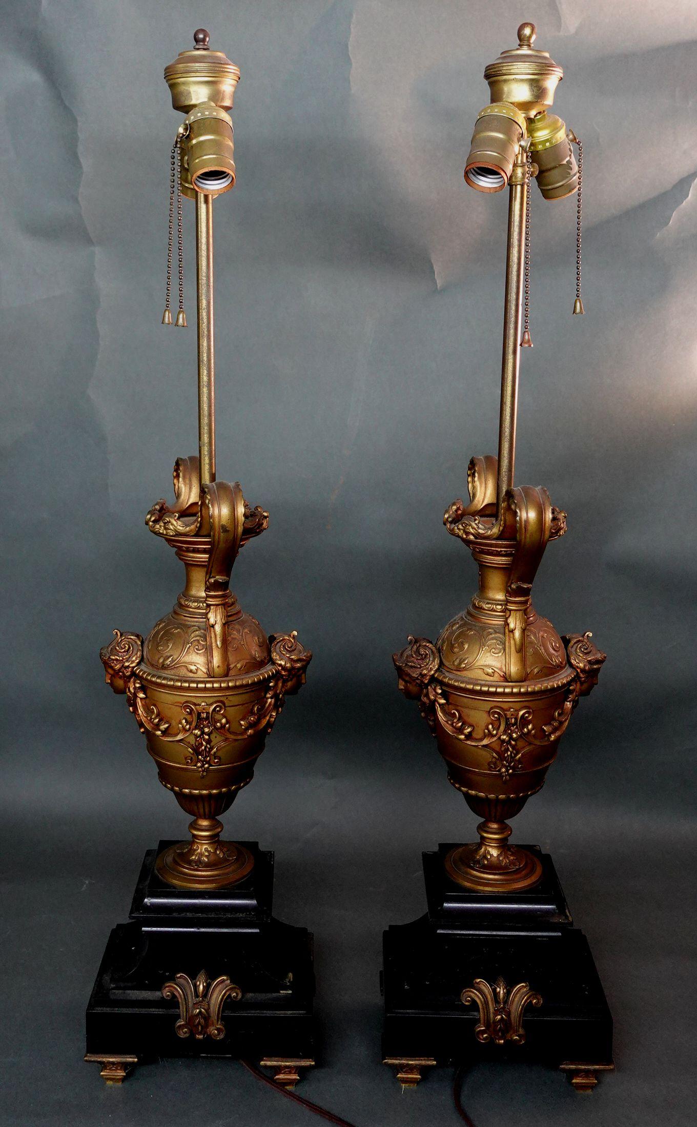 Pair of Neoclassical-Style Gilt-Bronze Urns Lamps on Black Marble Bases For Sale 2