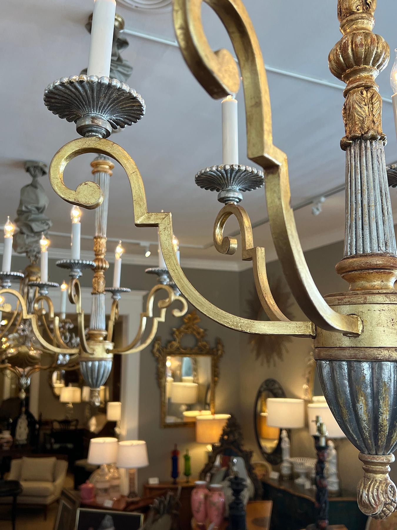 Pair of Neoclassical Style Giltwood and Wrought Iron 6-Light Chandeliers For Sale 4