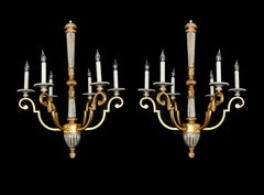 Pair of Neoclassical Style Giltwood and Wrought Iron 6-Light Chandeliers