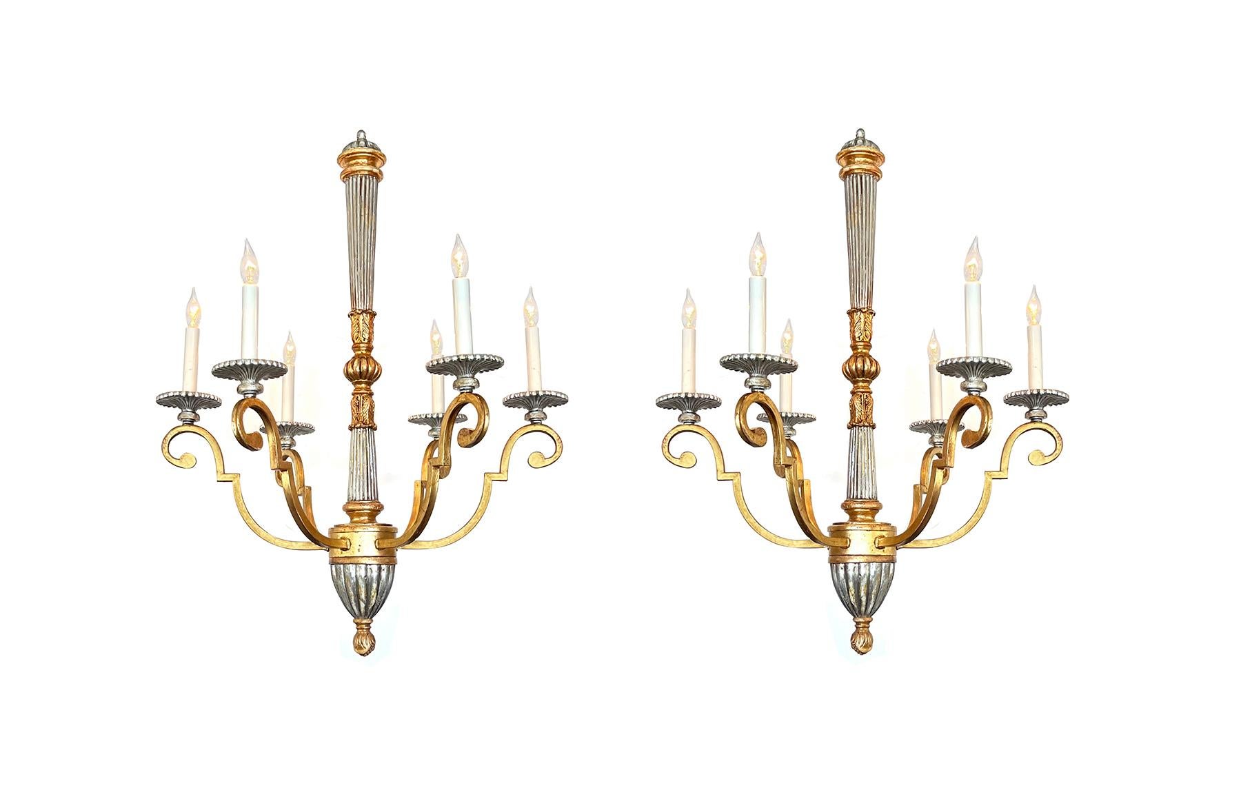 French Pair of Neoclassical Style Giltwood and Wrought Iron 6-Light Chandeliers For Sale