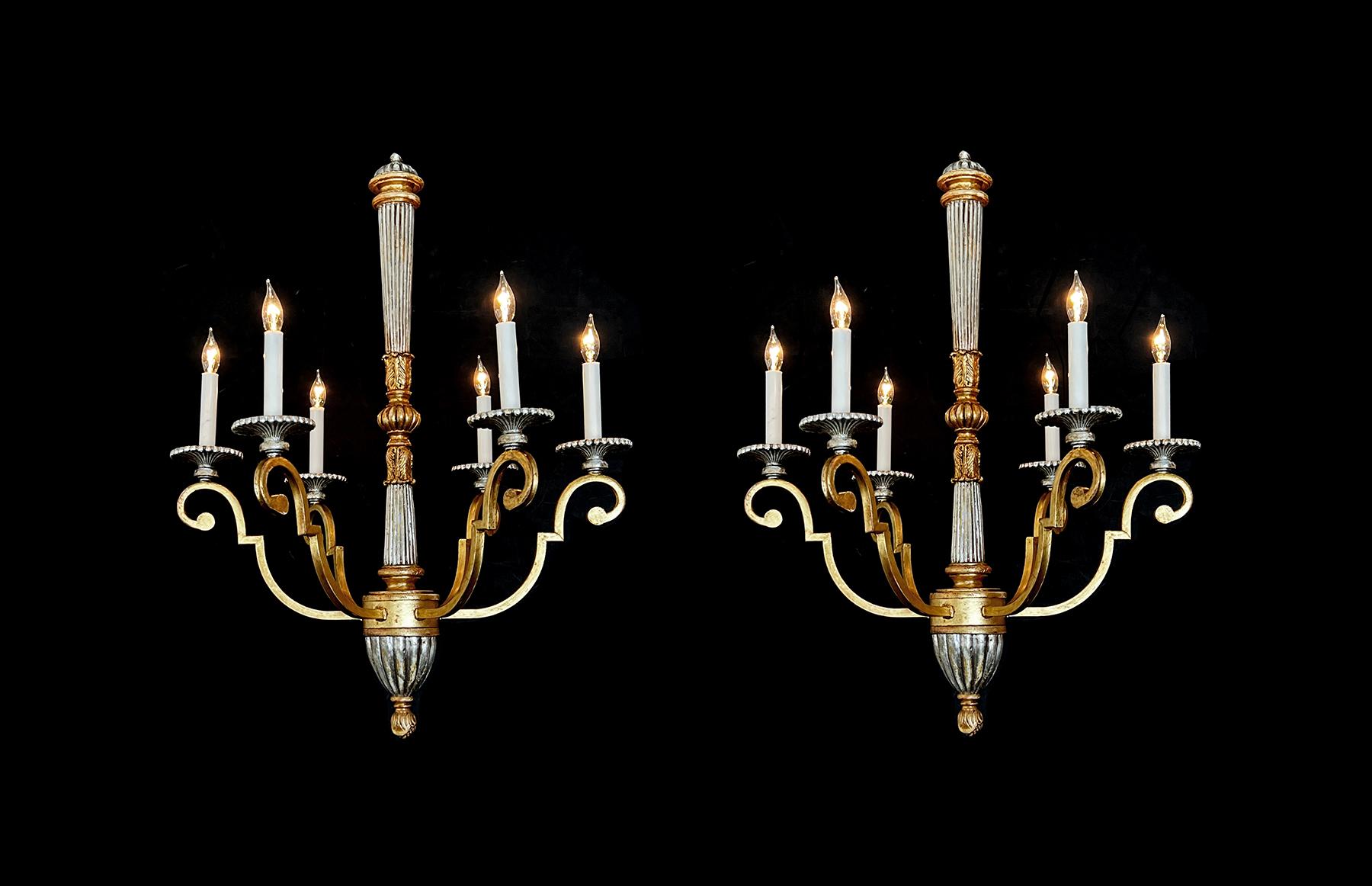 Pair of Neoclassical Style Giltwood and Wrought Iron 6-Light Chandeliers In Good Condition For Sale In San Francisco, CA