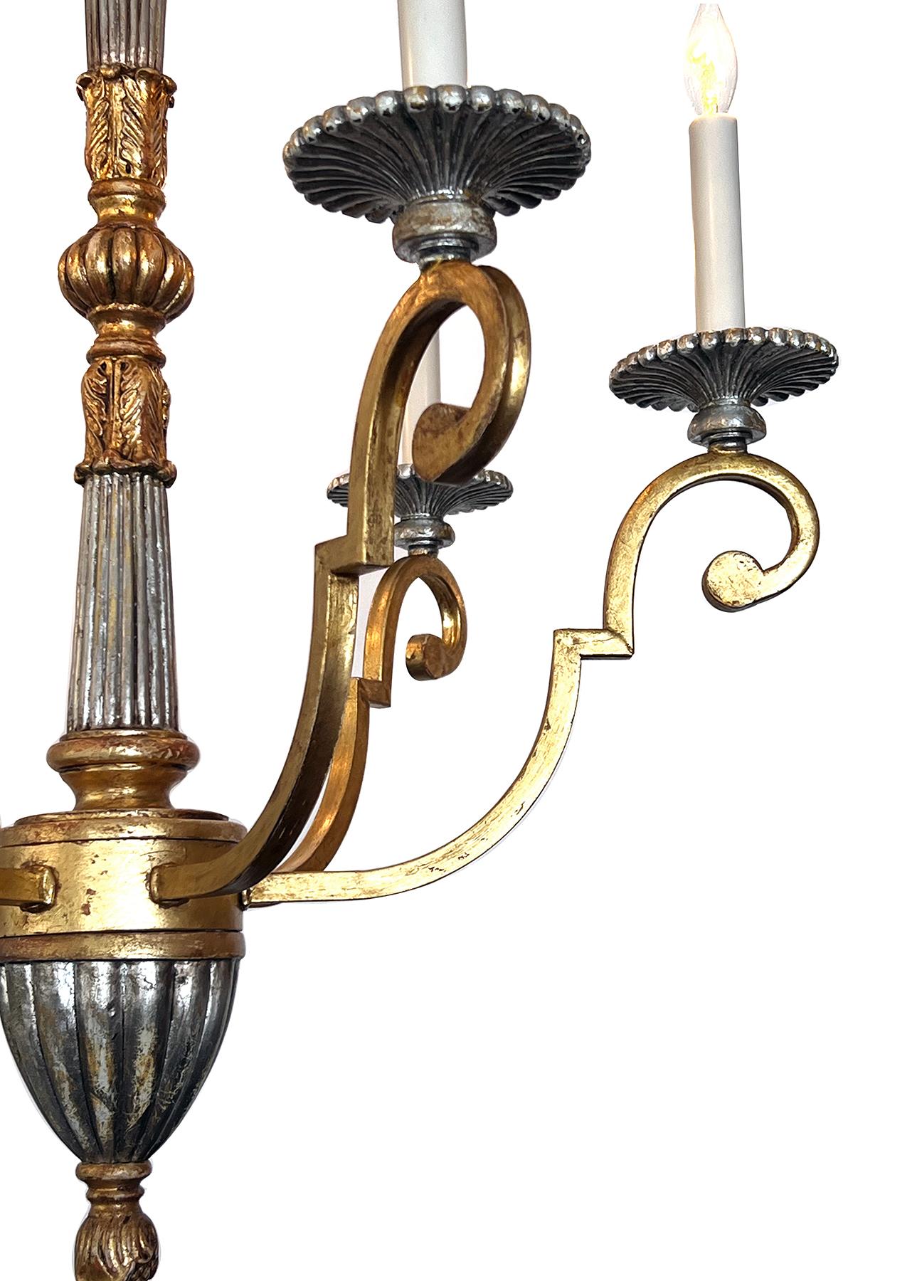 Mid-20th Century Pair of Neoclassical Style Giltwood and Wrought Iron 6-Light Chandeliers For Sale