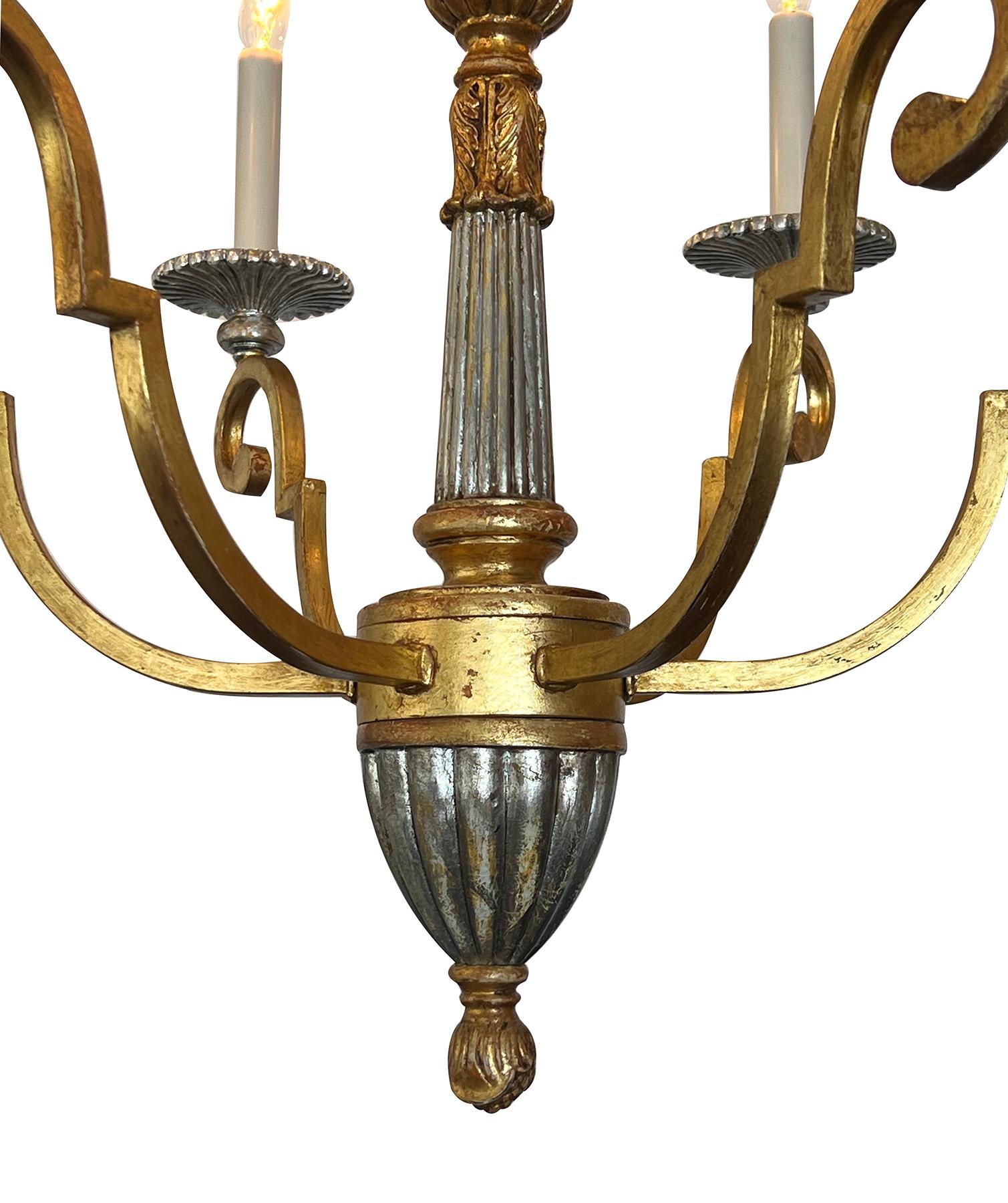 Wood Pair of Neoclassical Style Giltwood and Wrought Iron 6-Light Chandeliers For Sale
