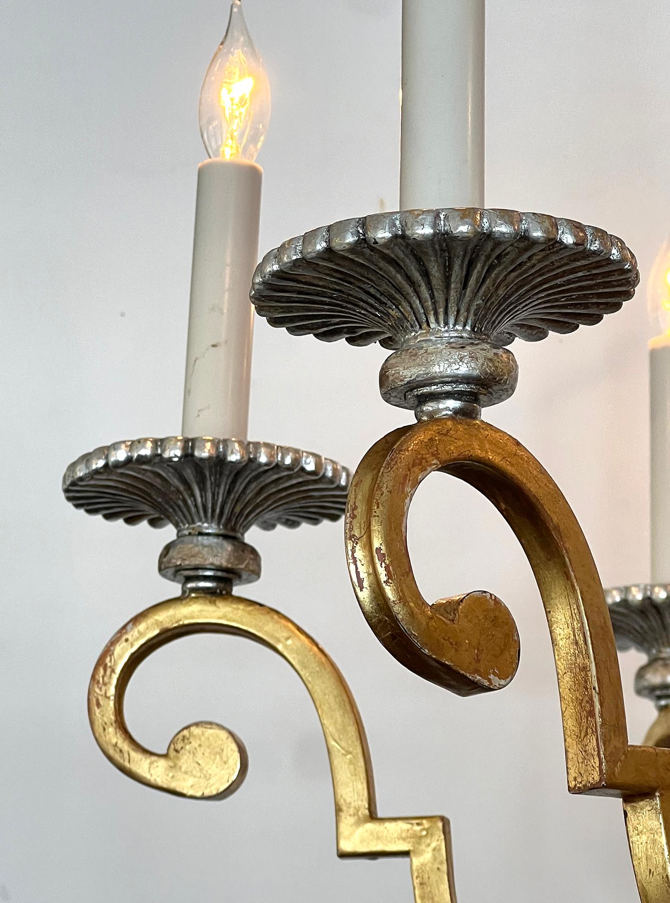Pair of Neoclassical Style Giltwood and Wrought Iron 6-Light Chandeliers For Sale 1