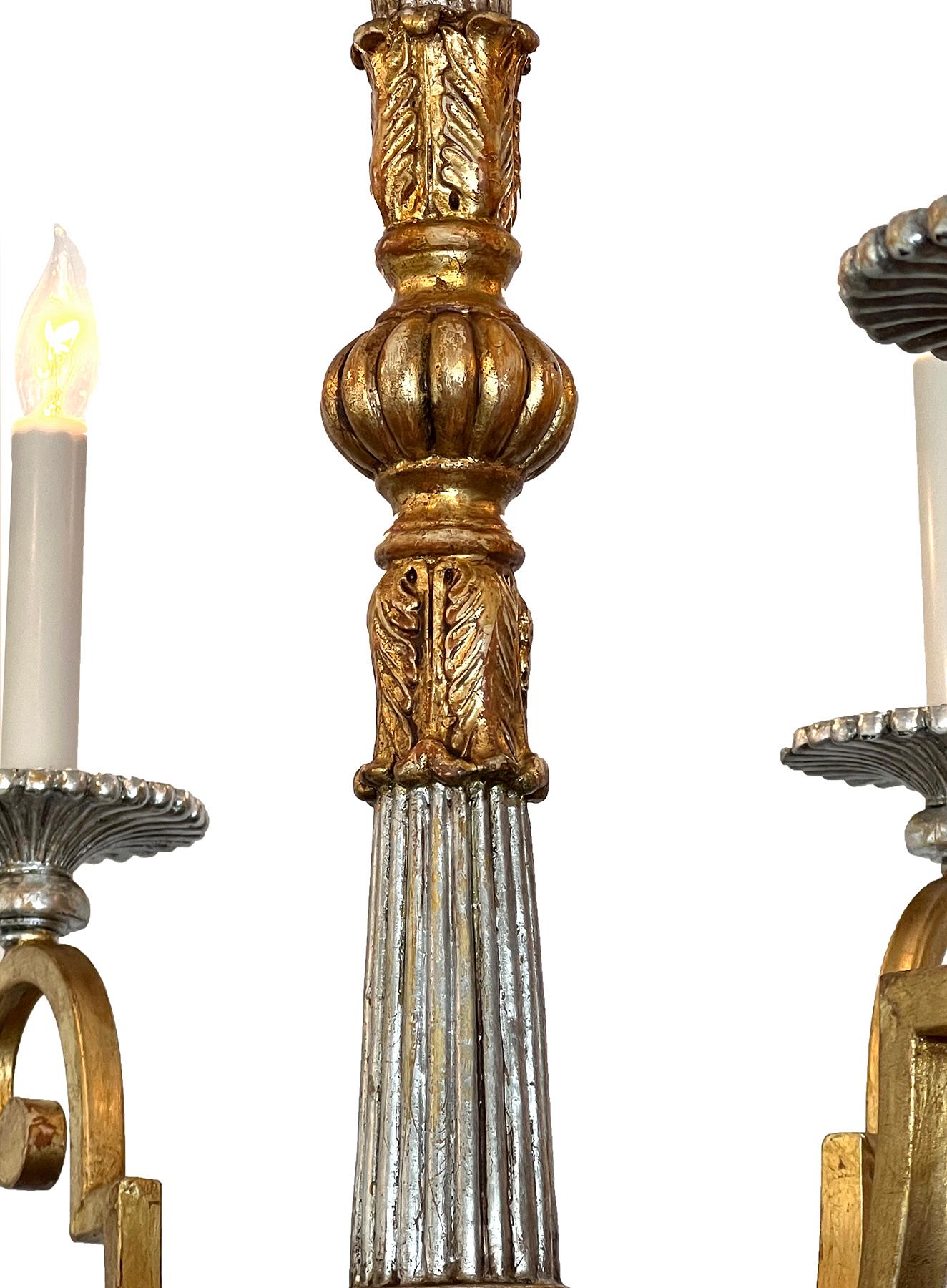 Pair of Neoclassical Style Giltwood and Wrought Iron 6-Light Chandeliers For Sale 2