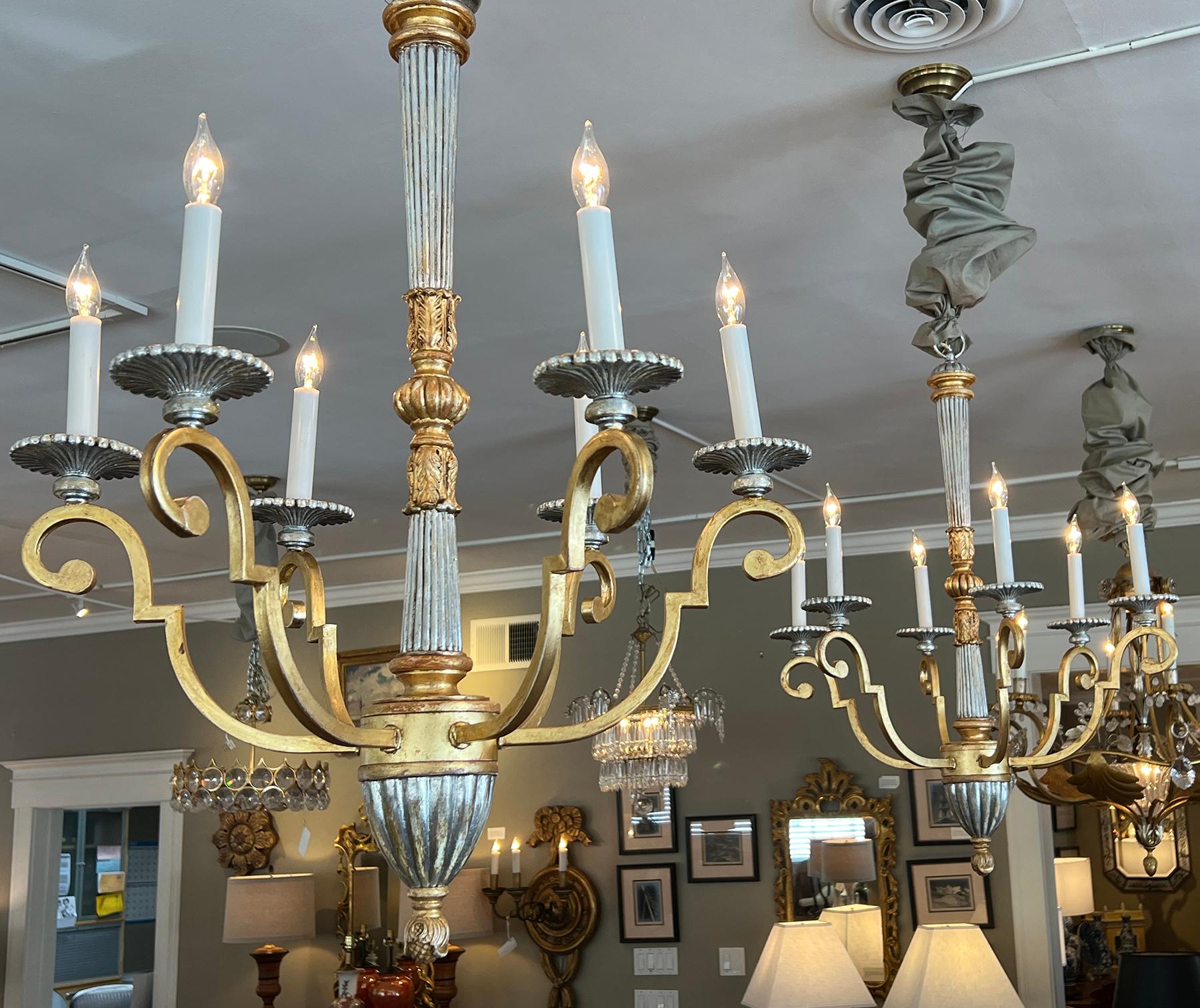 Pair of Neoclassical Style Giltwood and Wrought Iron 6-Light Chandeliers For Sale 3