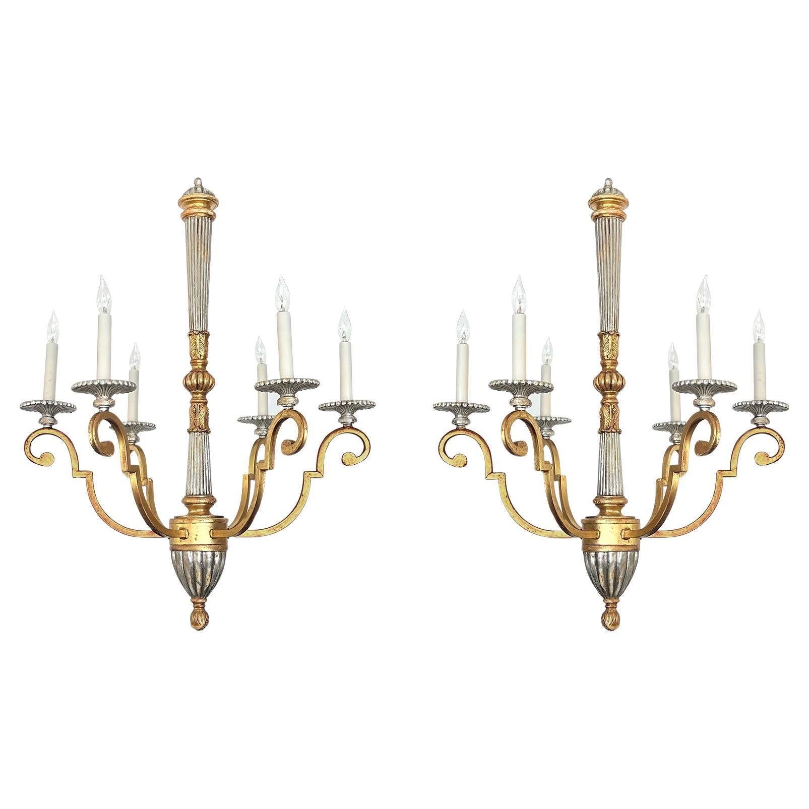 Pair of Neoclassical Style Giltwood and Wrought Iron 6-Light Chandeliers For Sale