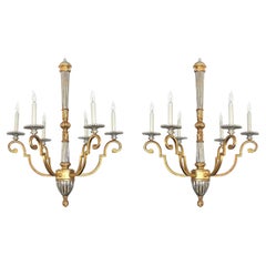 Pair of Neoclassical Style Giltwood and Wrought Iron 6-Light Chandeliers