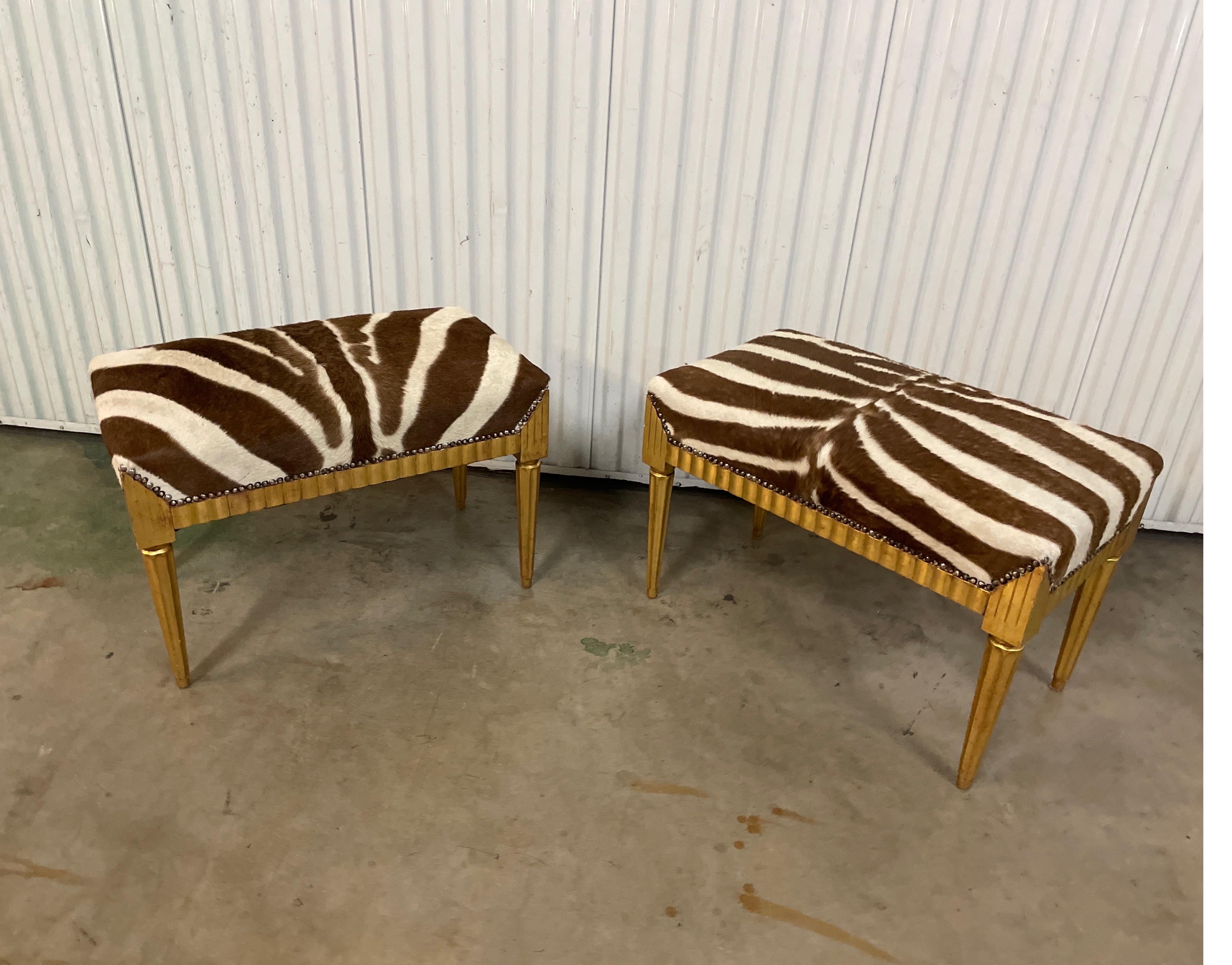 Outstanding pair of Zebra hide benches with Neoclassical Style giltwood frames.