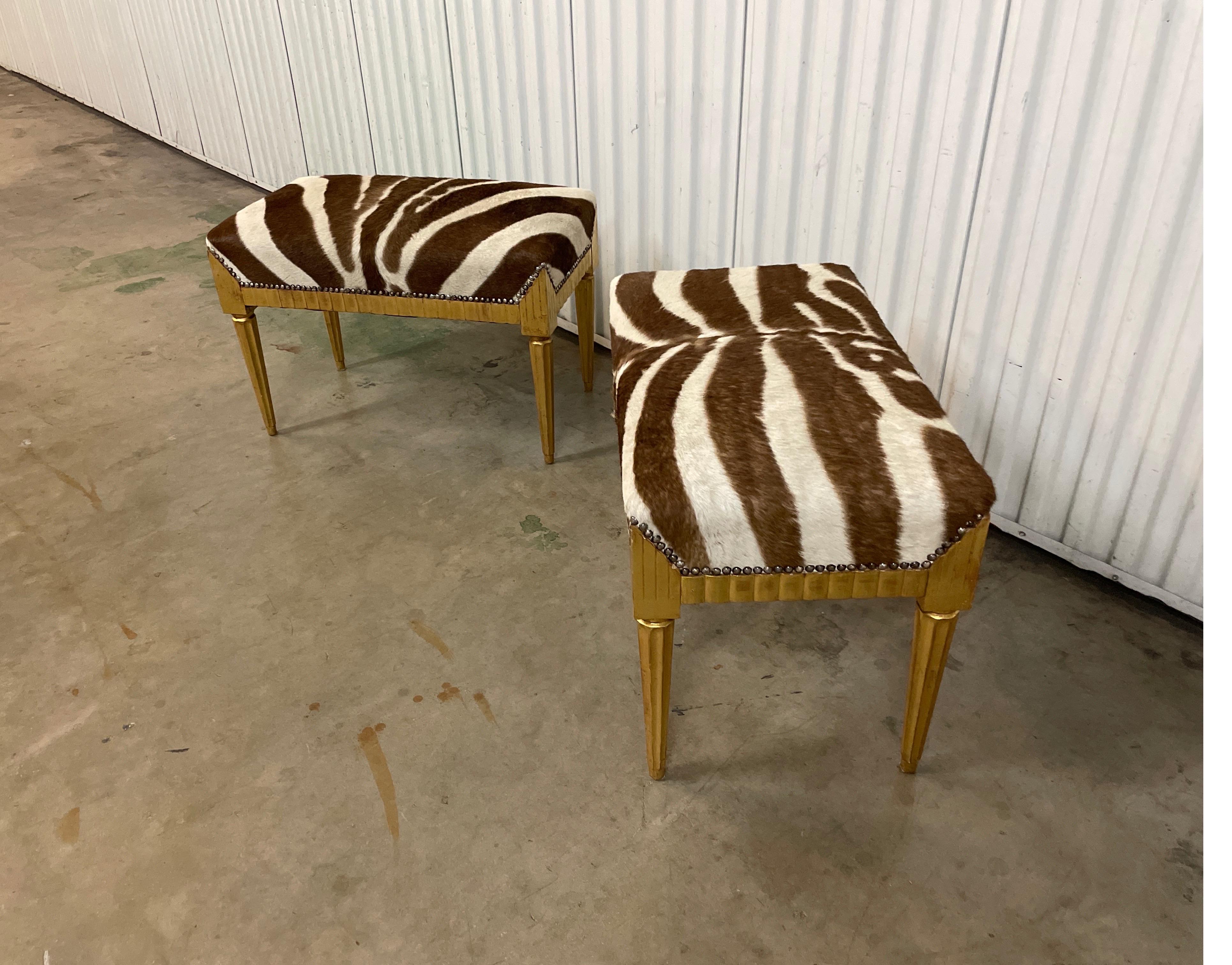 Italian Pair of Neoclassical Style Giltwood Benches with Zebra Hide Seats