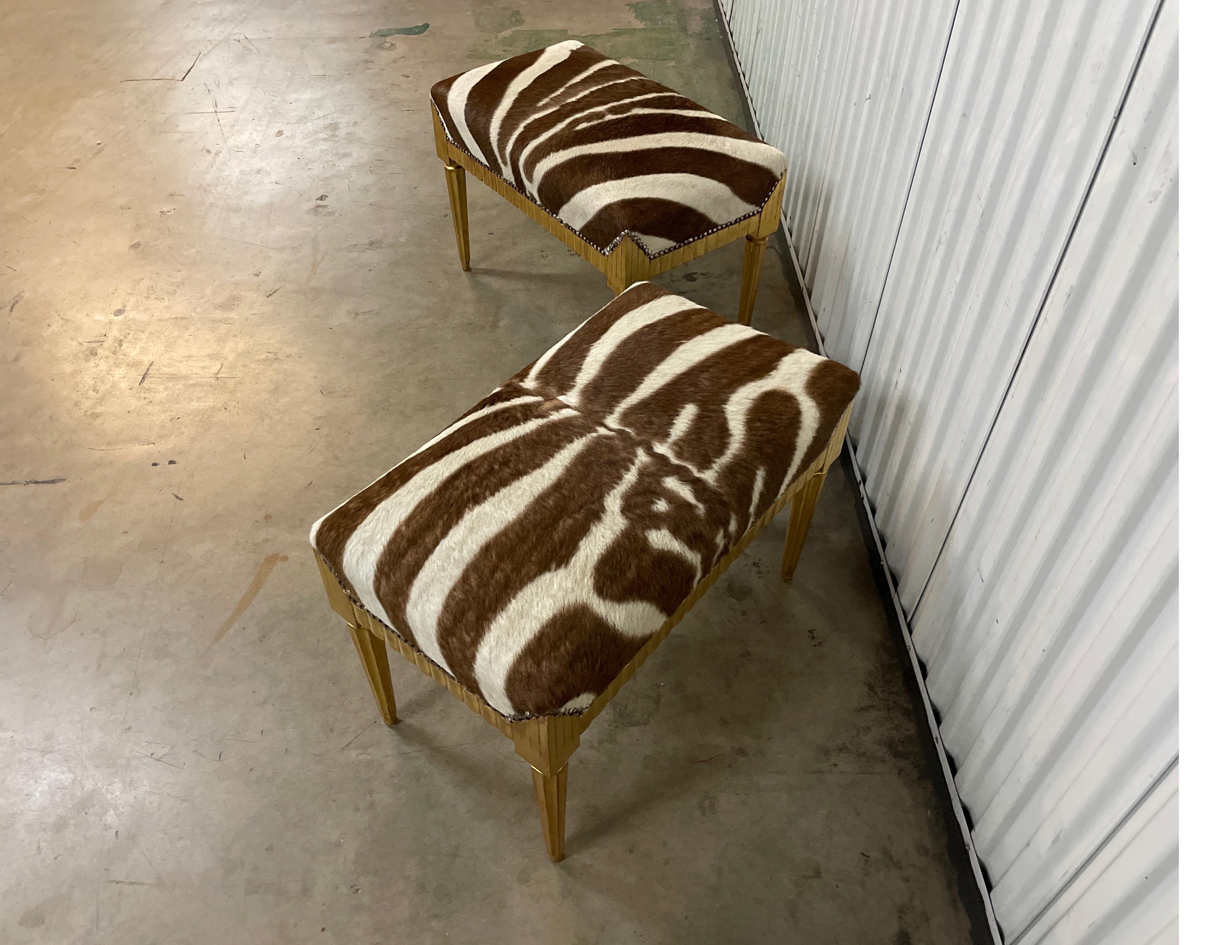 Pair of Neoclassical Style Giltwood Benches with Zebra Hide Seats In Good Condition In West Palm Beach, FL