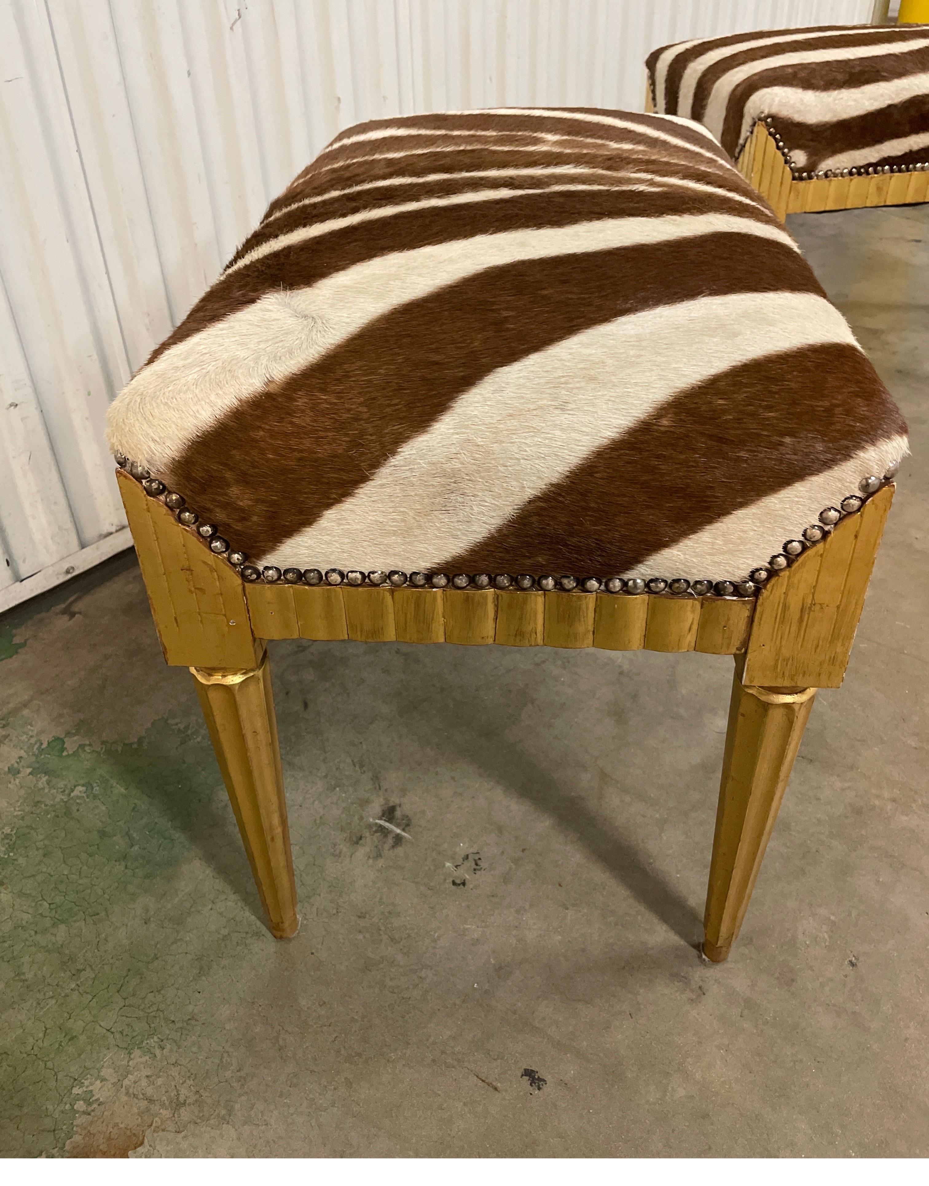 Pair of Neoclassical Style Giltwood Benches with Zebra Hide Seats 1