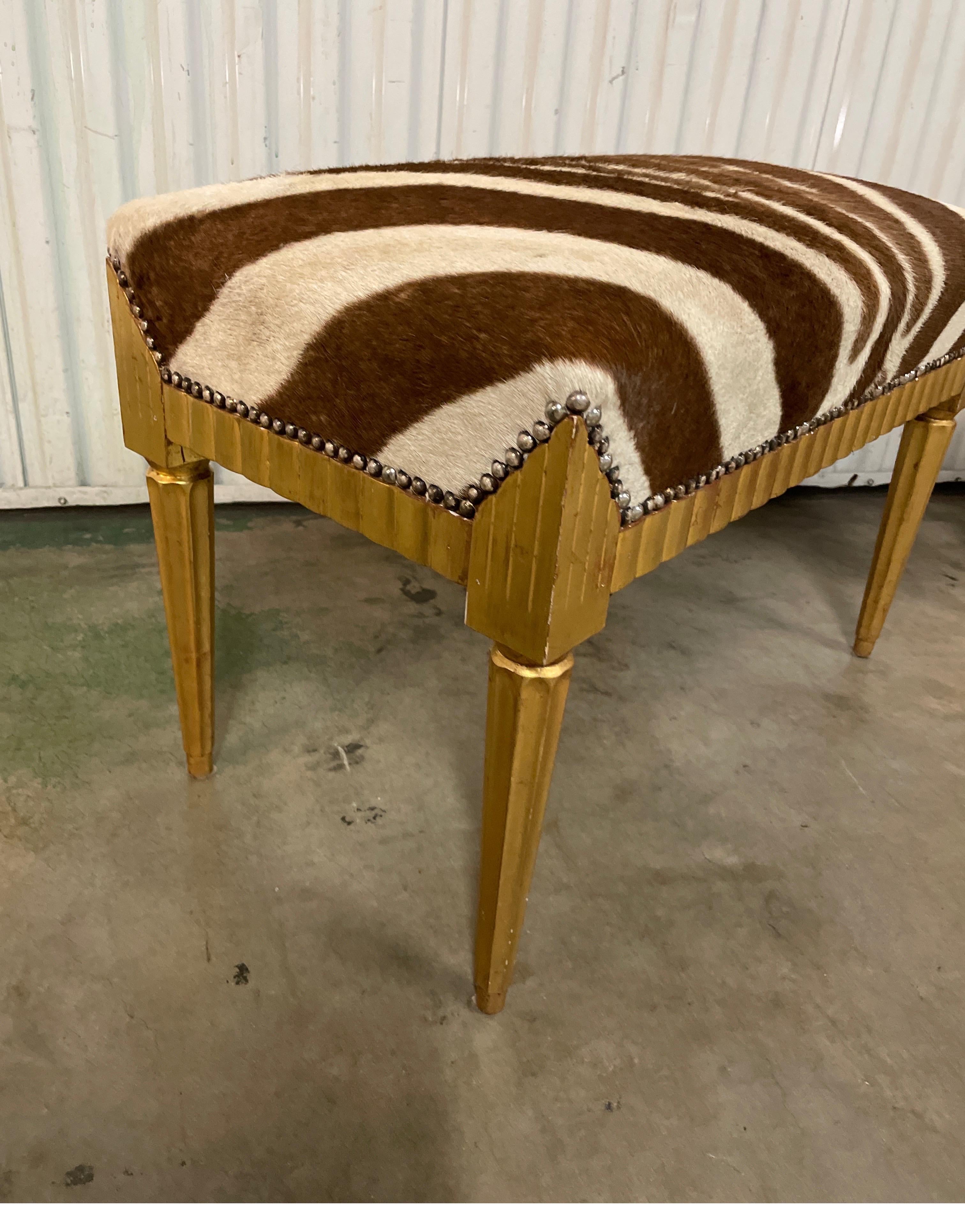 Pair of Neoclassical Style Giltwood Benches with Zebra Hide Seats 2