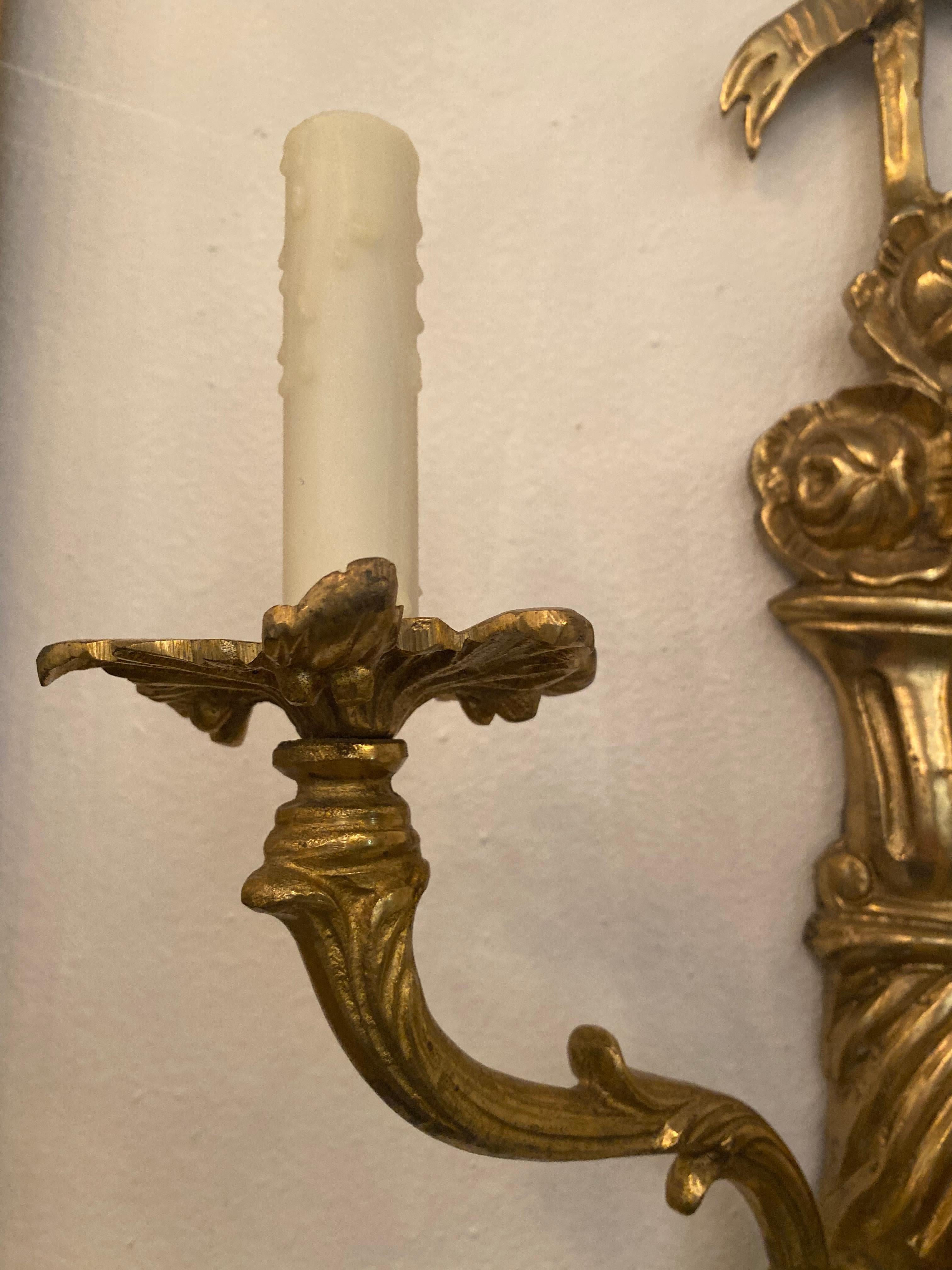 Pair of Neoclassical Style Gold Bronze Wall Sconces For Sale 1