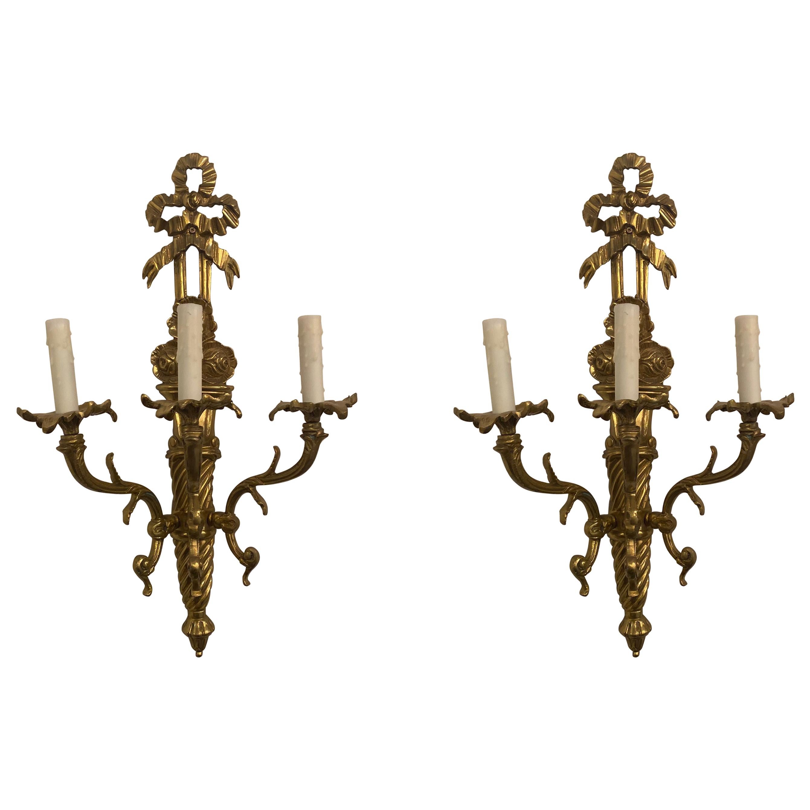 Pair of Neoclassical Style Gold Bronze Wall Sconces