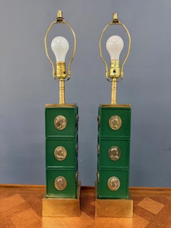 Pair of Neoclassical Style Green Column Lamps with Brass Medallions w/Brass Base