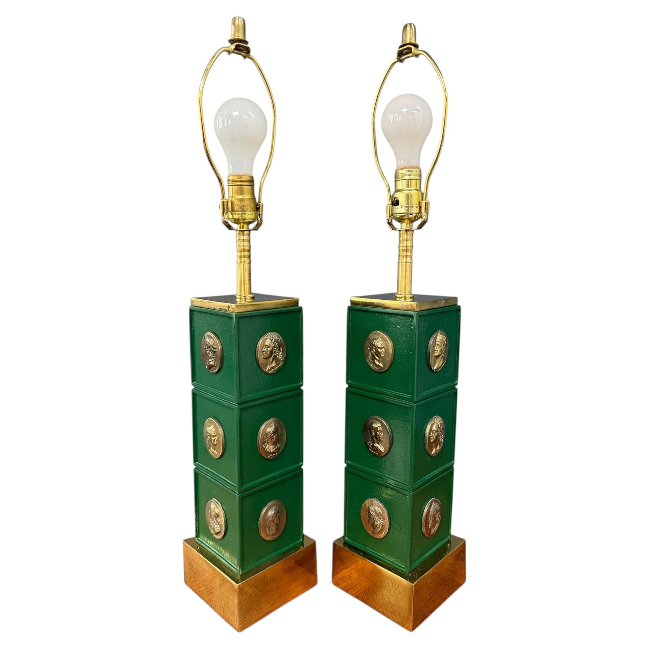 Pair of Neoclassical Style Green Column Lamps with Brass Medallions w/Brass Base For Sale