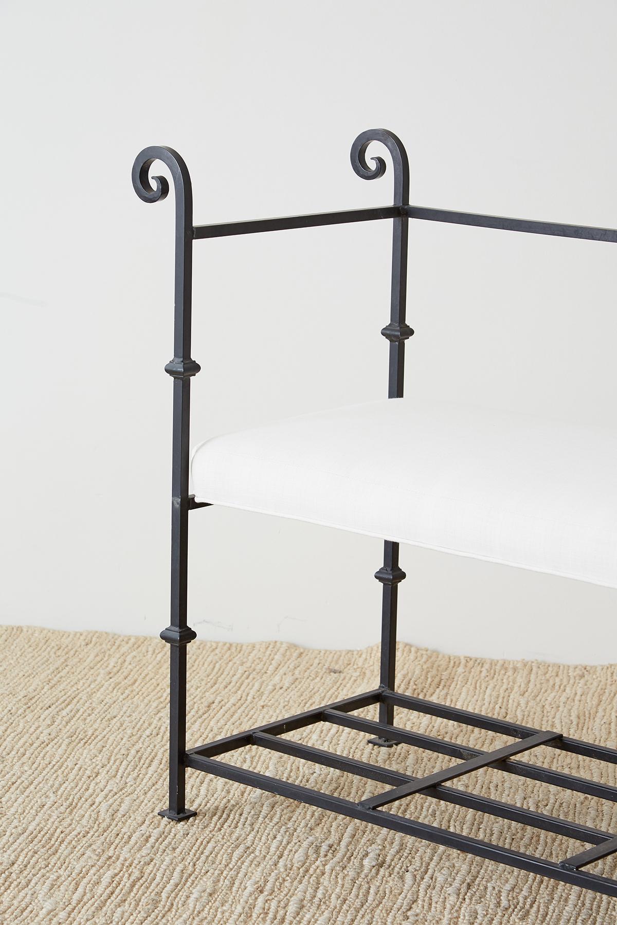 Pair of Neoclassical Style Iron and Linen Benches 6