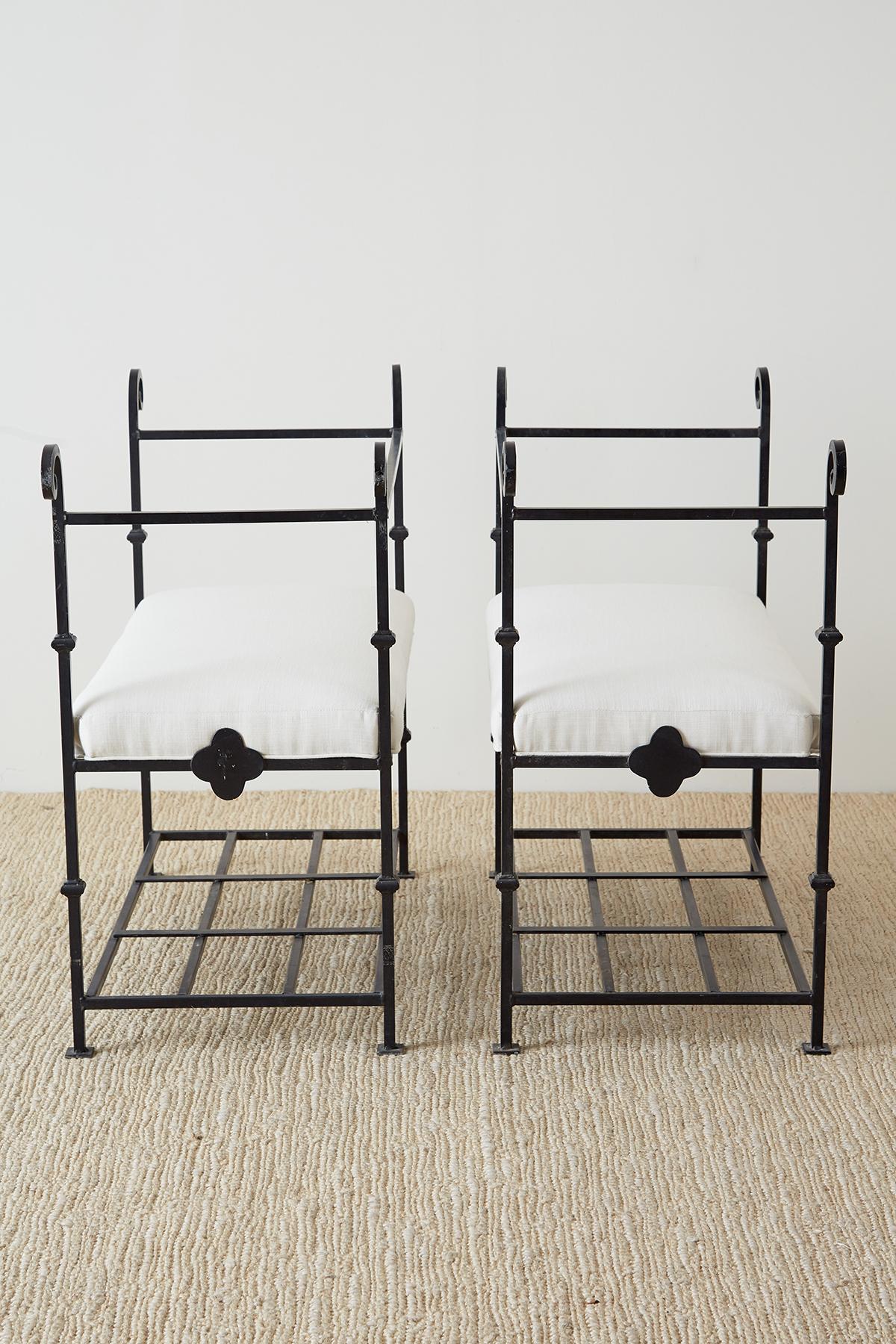 Pair of Neoclassical Style Iron and Linen Benches 8