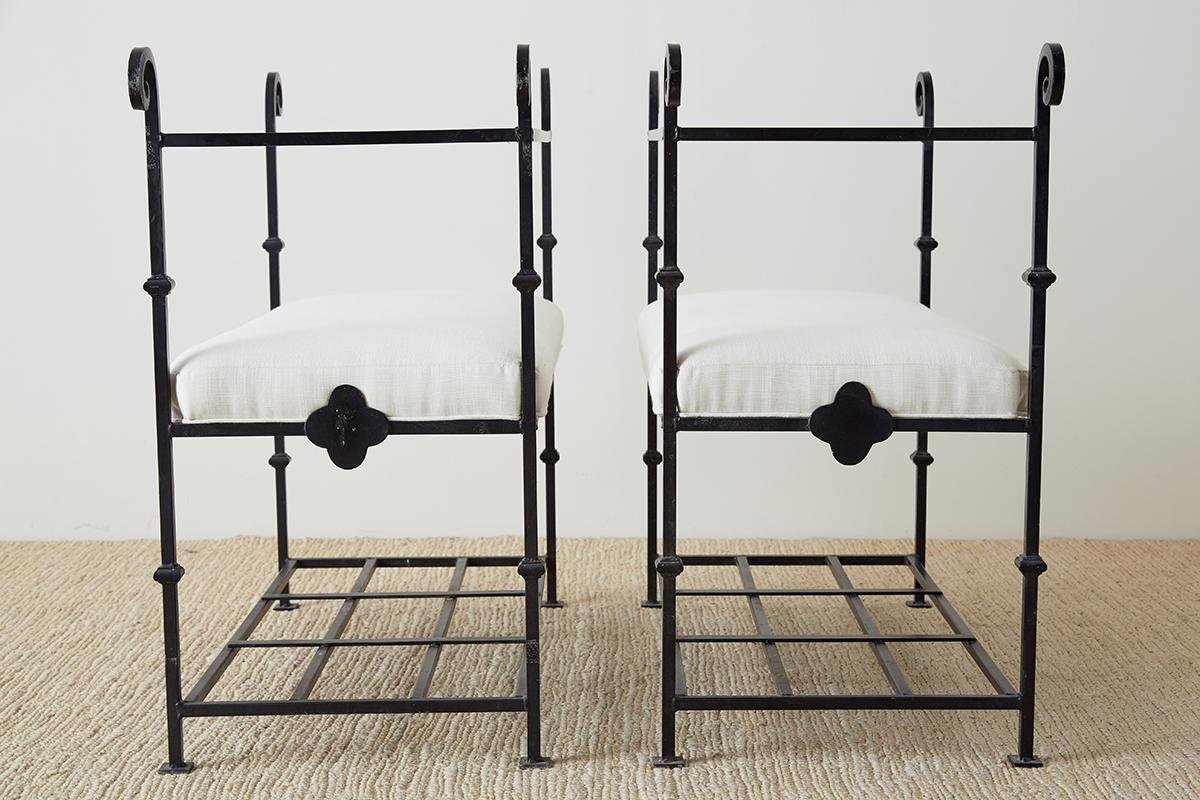 Pair of Neoclassical Style Iron and Linen Benches 11