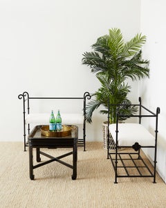 Pair of Neoclassical Style Iron and Linen Benches