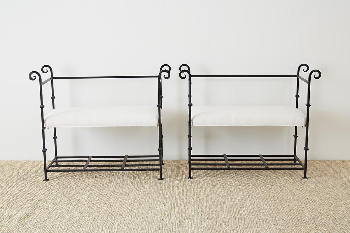 Hand-Crafted Pair of Neoclassical Style Iron and Linen Benches