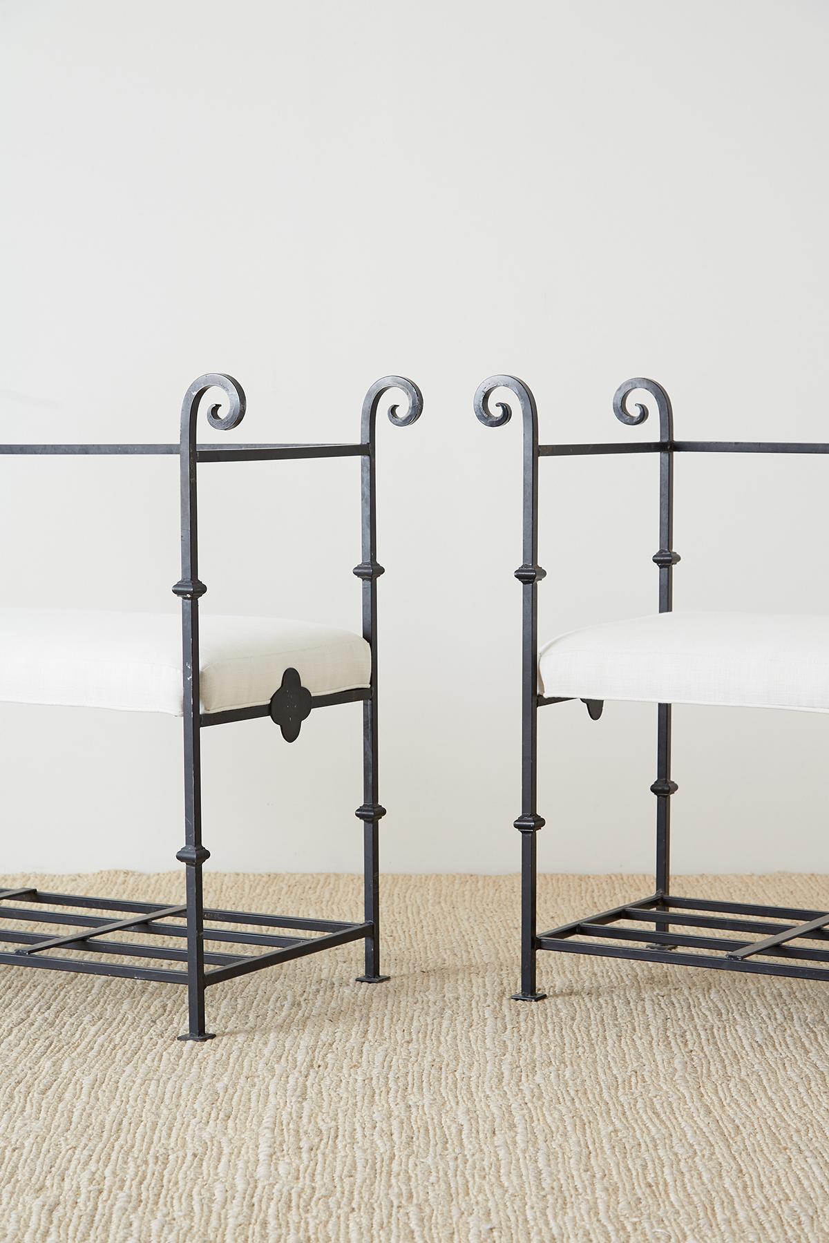 20th Century Pair of Neoclassical Style Iron and Linen Benches