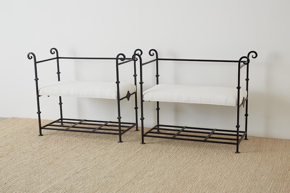 Pair of Neoclassical Style Iron and Linen Benches 1