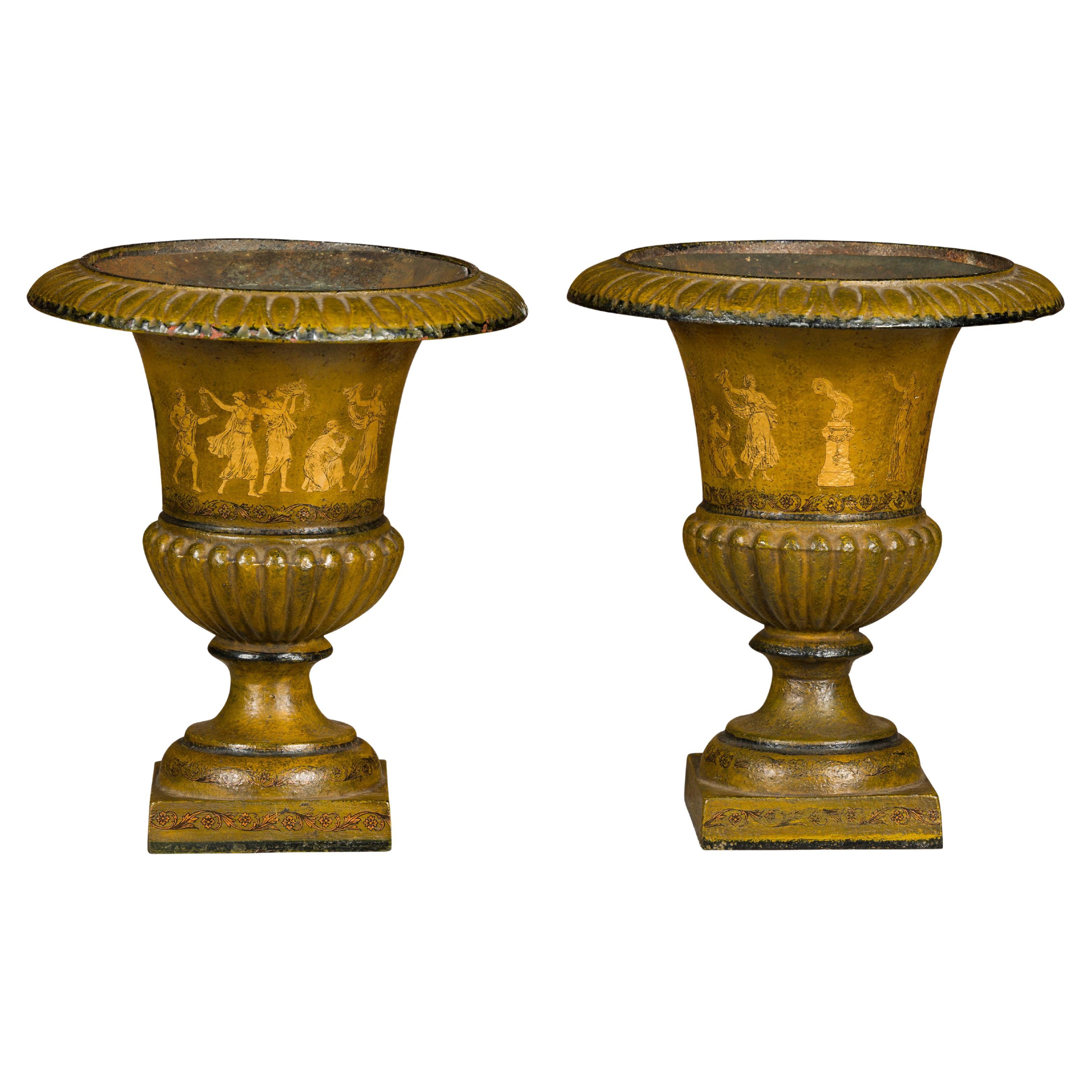 Pair of Neoclassical Style Iron Planters with Liners and Mythological Figures For Sale