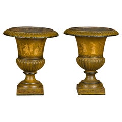 Pair of Neoclassical Style Iron Planters with Liners and Mythological Figures