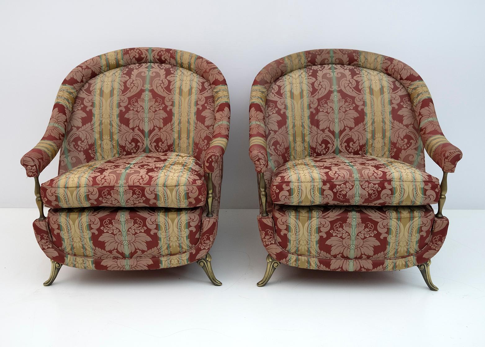 Pair of Neoclassical Style Italian Brass and Fabric Armchairs, 1950s In Good Condition In Puglia, Puglia