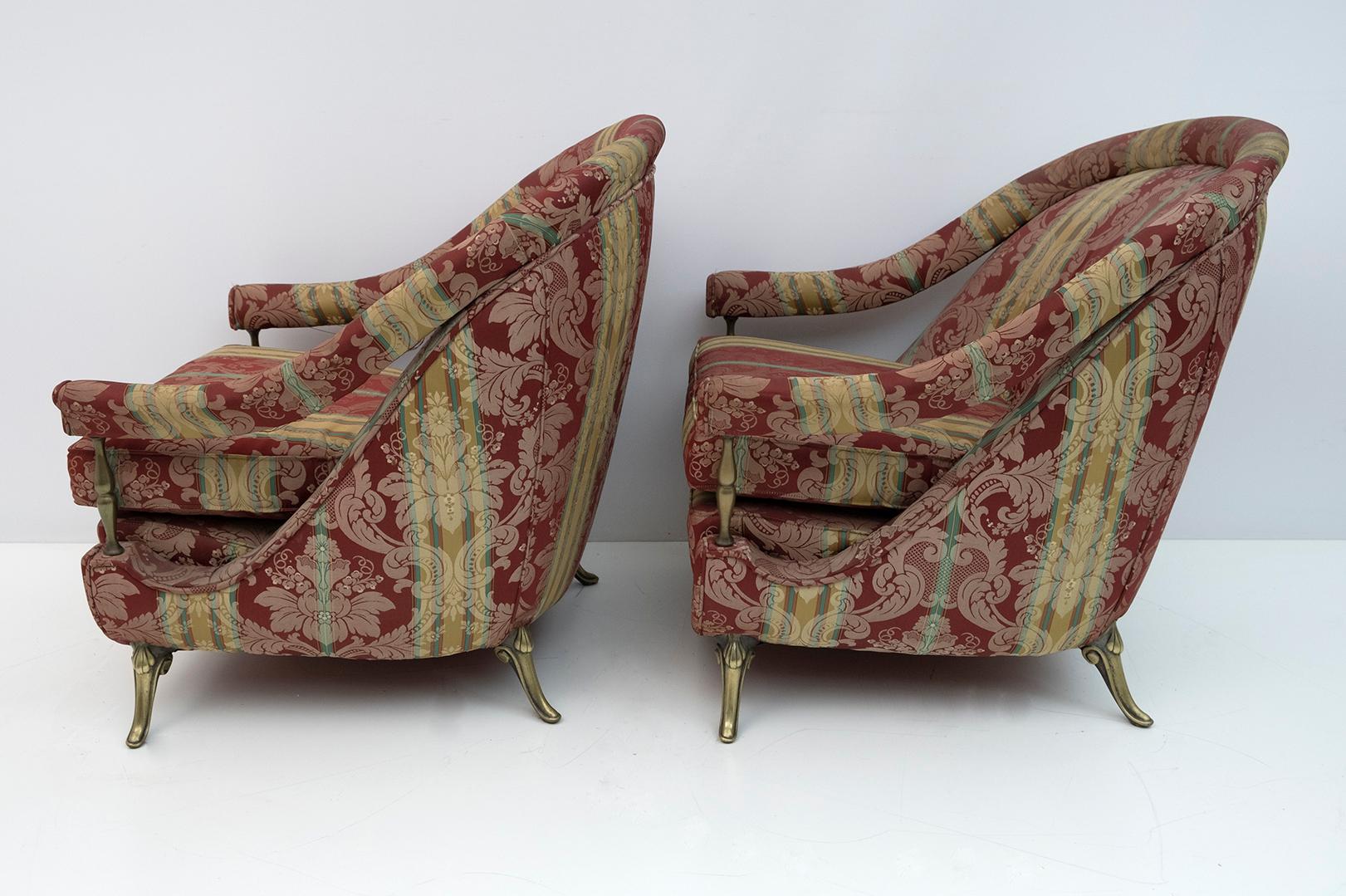 Mid-20th Century Pair of Neoclassical Style Italian Brass and Fabric Armchairs, 1950s