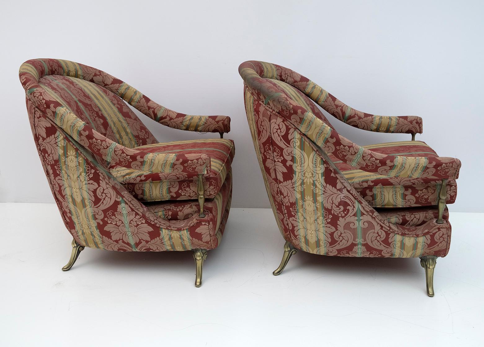 Pair of Neoclassical Style Italian Brass and Fabric Armchairs, 1950s 1