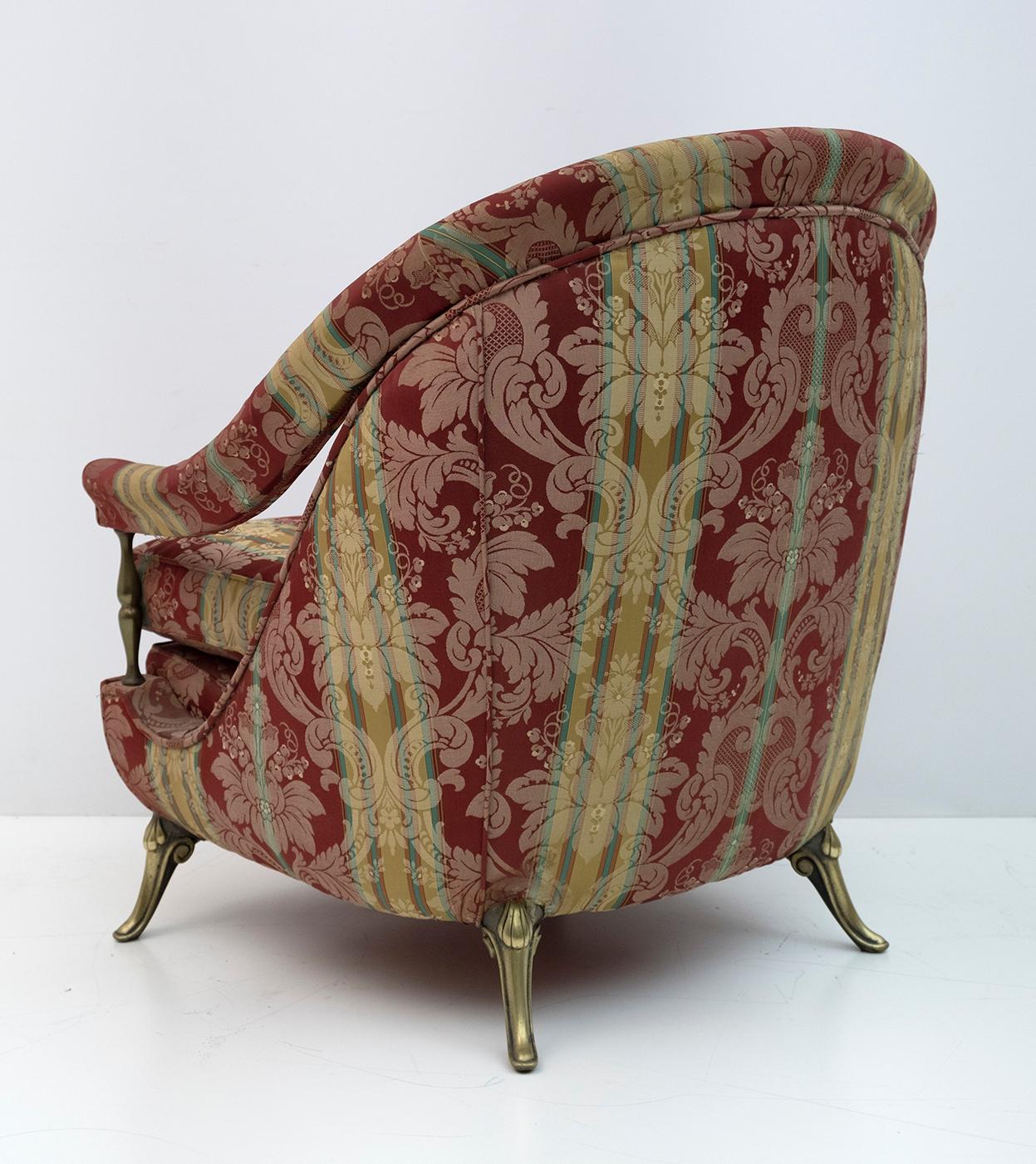 Pair of Neoclassical Style Italian Brass and Fabric Armchairs, 1950s 1
